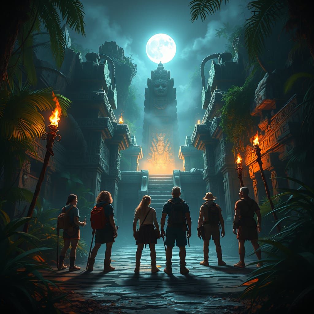 A group of bold explorers stands at the threshold of a forgotten temple deep within a jungle, lit only ...  by @undefined