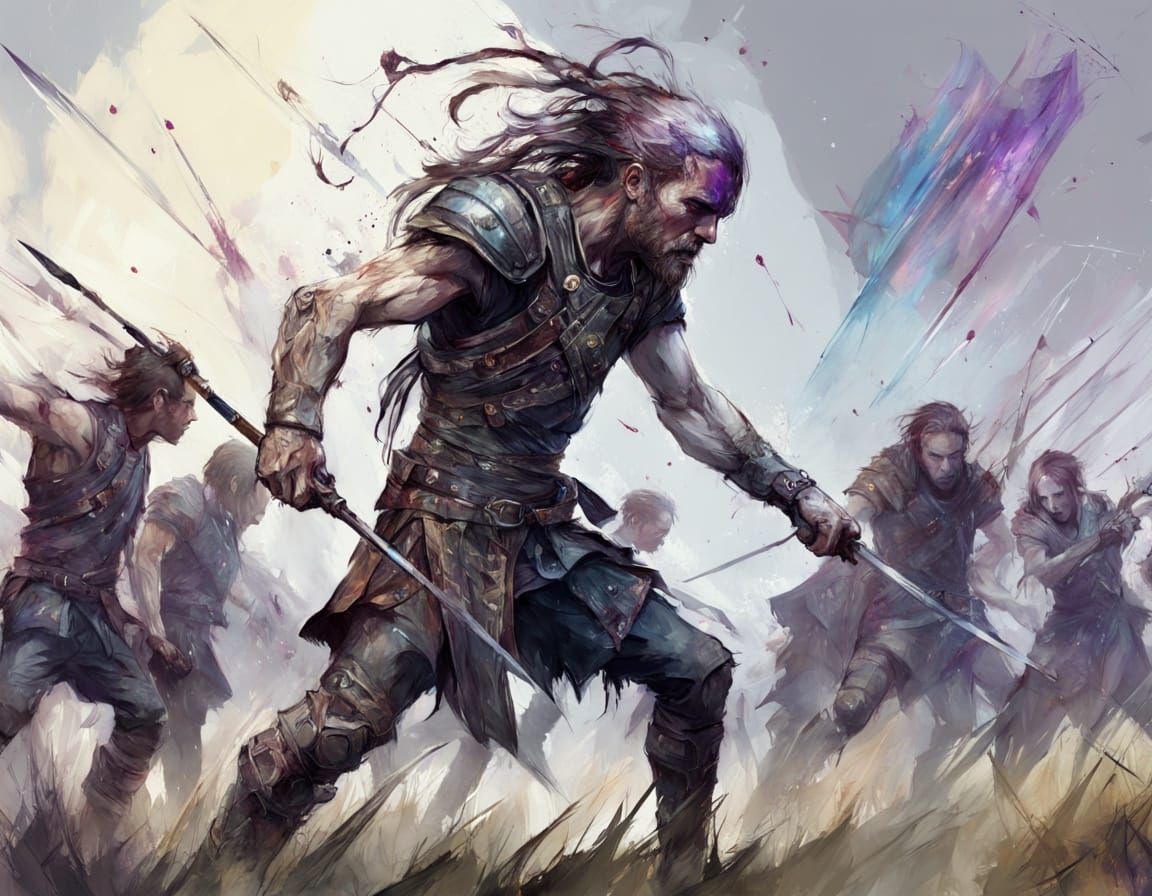 A chaotic battlefield filled with glowing powers and dramatic stances with glowing back light speed action depth This artwork harmoniously b...