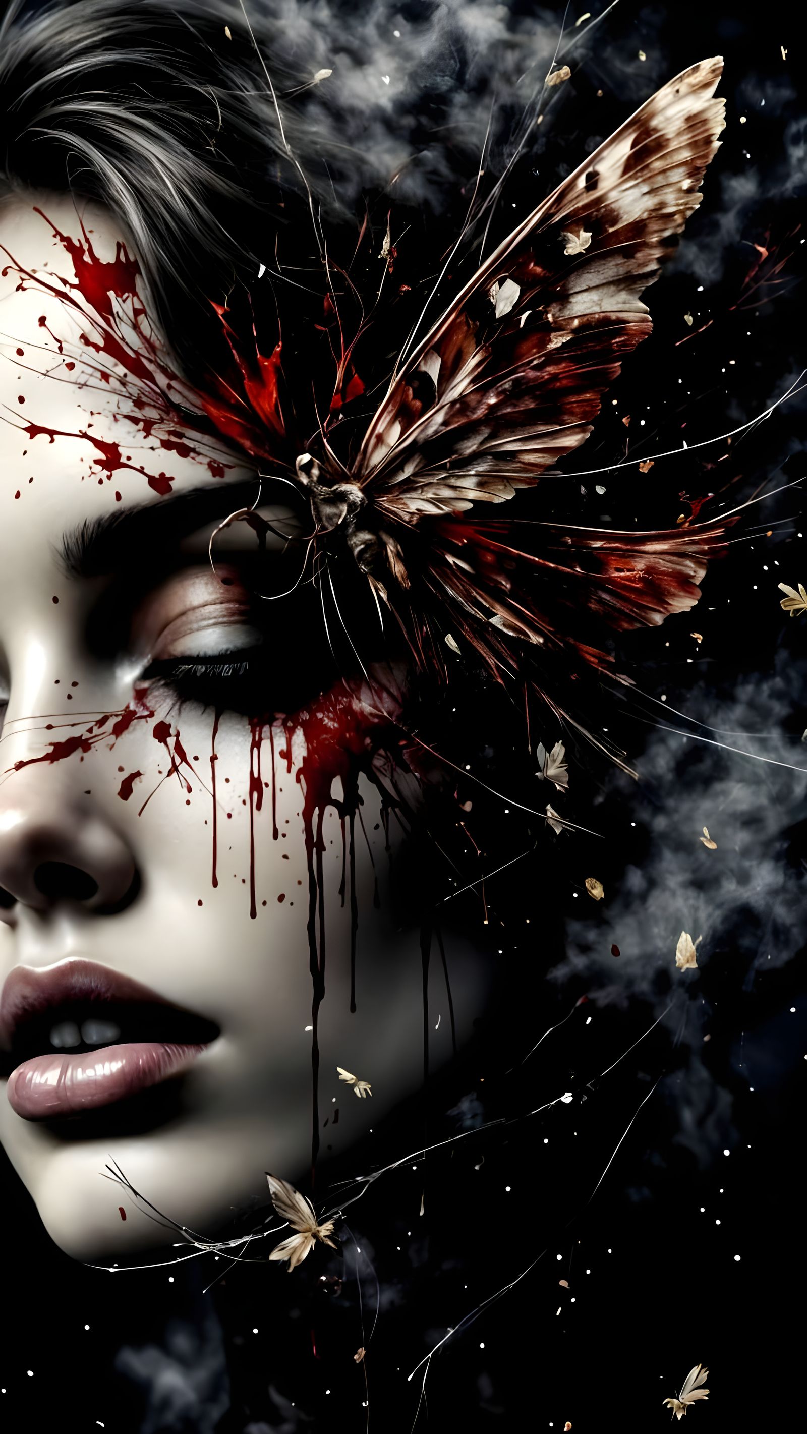 Gothic Horror: Bloodied Moth on Woman's Face