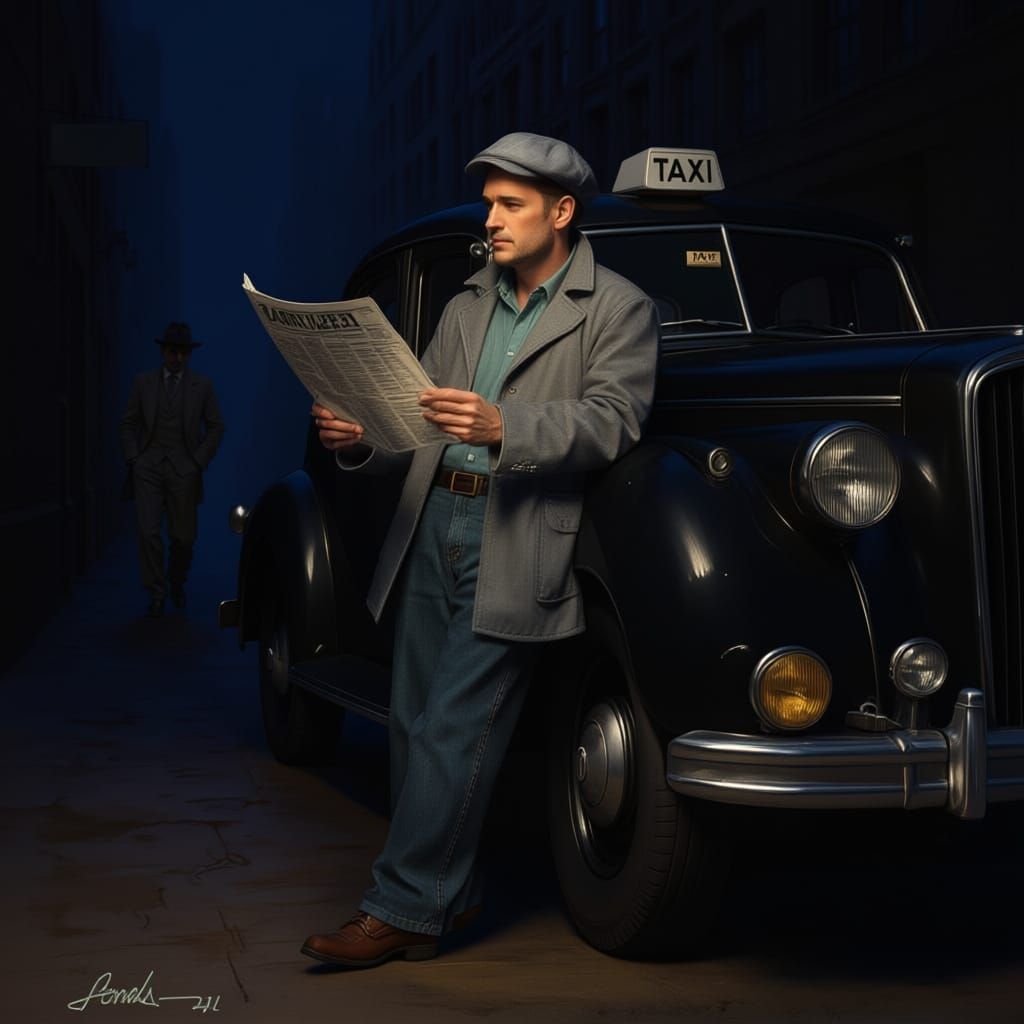 <lora:1930s noir:1.0> Max is a 1930s taxi cab driver. He wears a light windbreaker and a t-shirt. He has on blue genes and tennis shoes. He ...