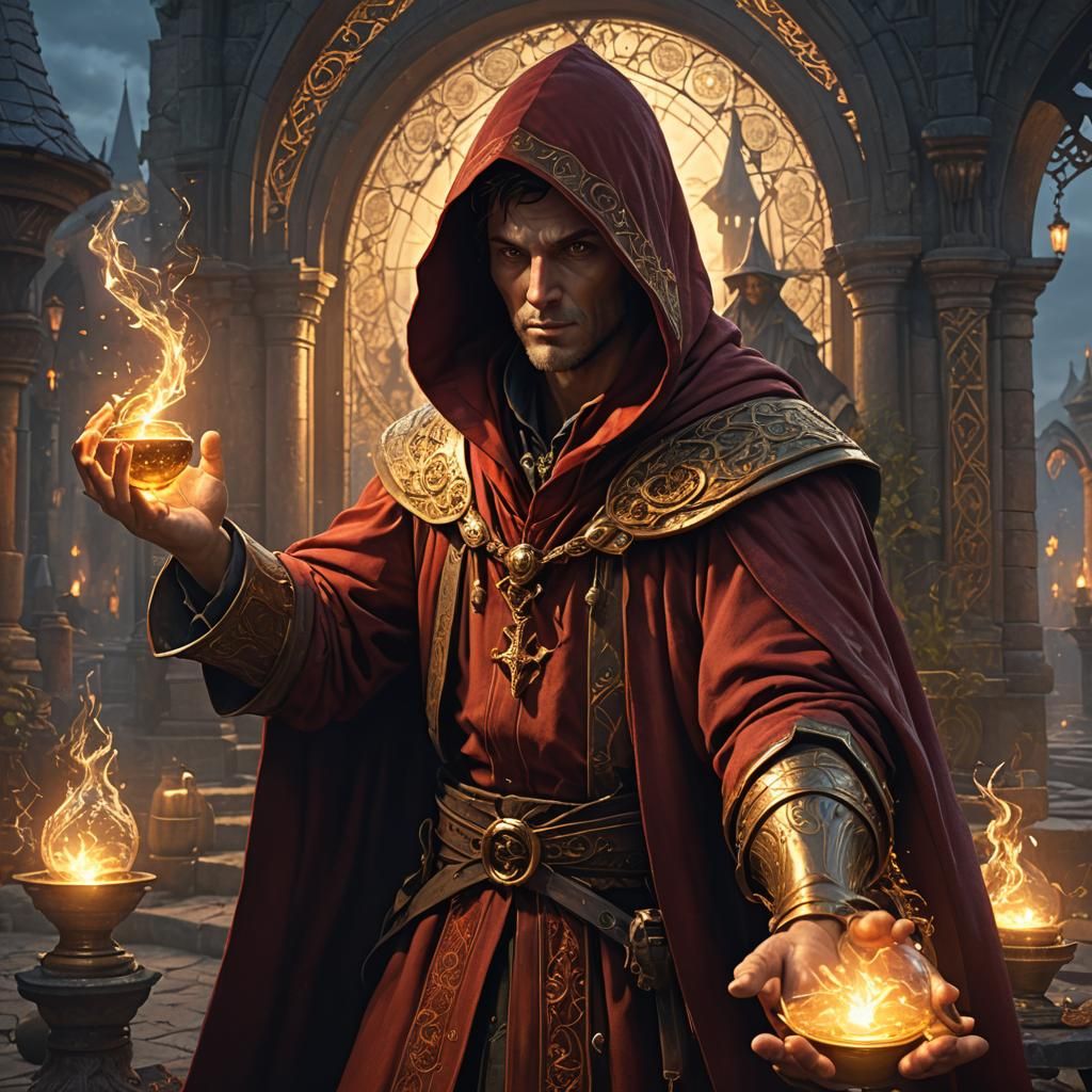 shaven Red robed hooded male wizard with golden skin and hou...