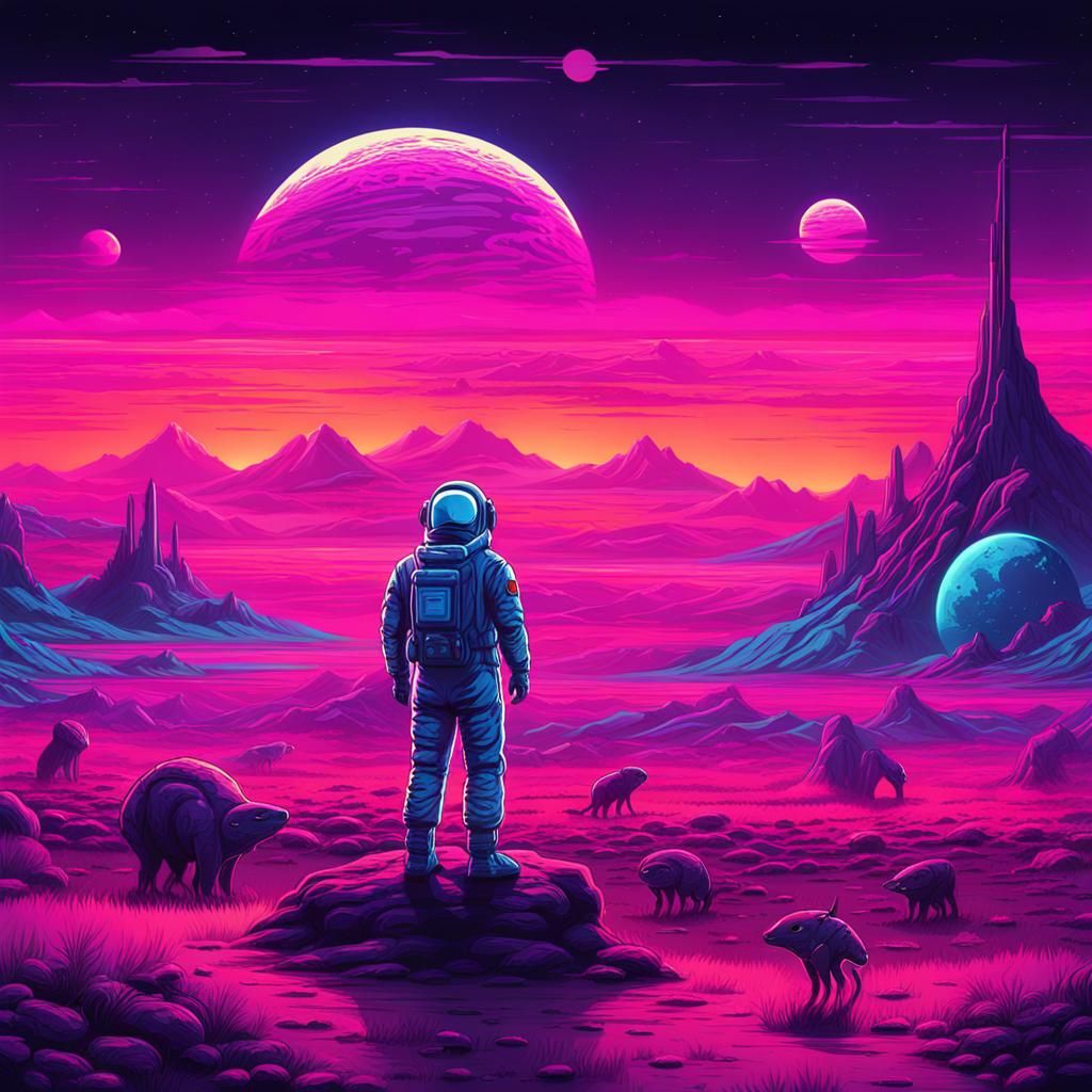 A lone astronaut looks out across a plain of alien creatures...