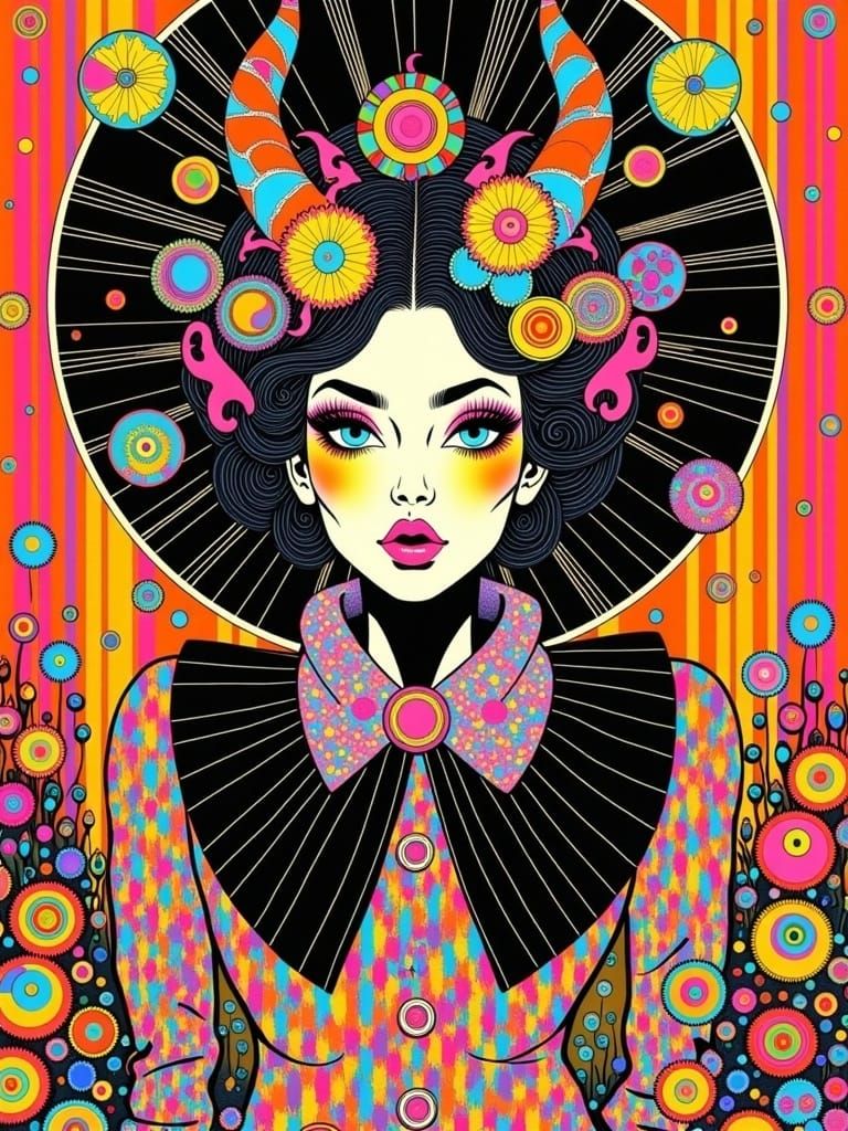 <lora:DoomFunk:1.0> comic illustration, flower demon tiefling woman shiny real weird surreal, flat color, cel shading, decoupage, monster fl...