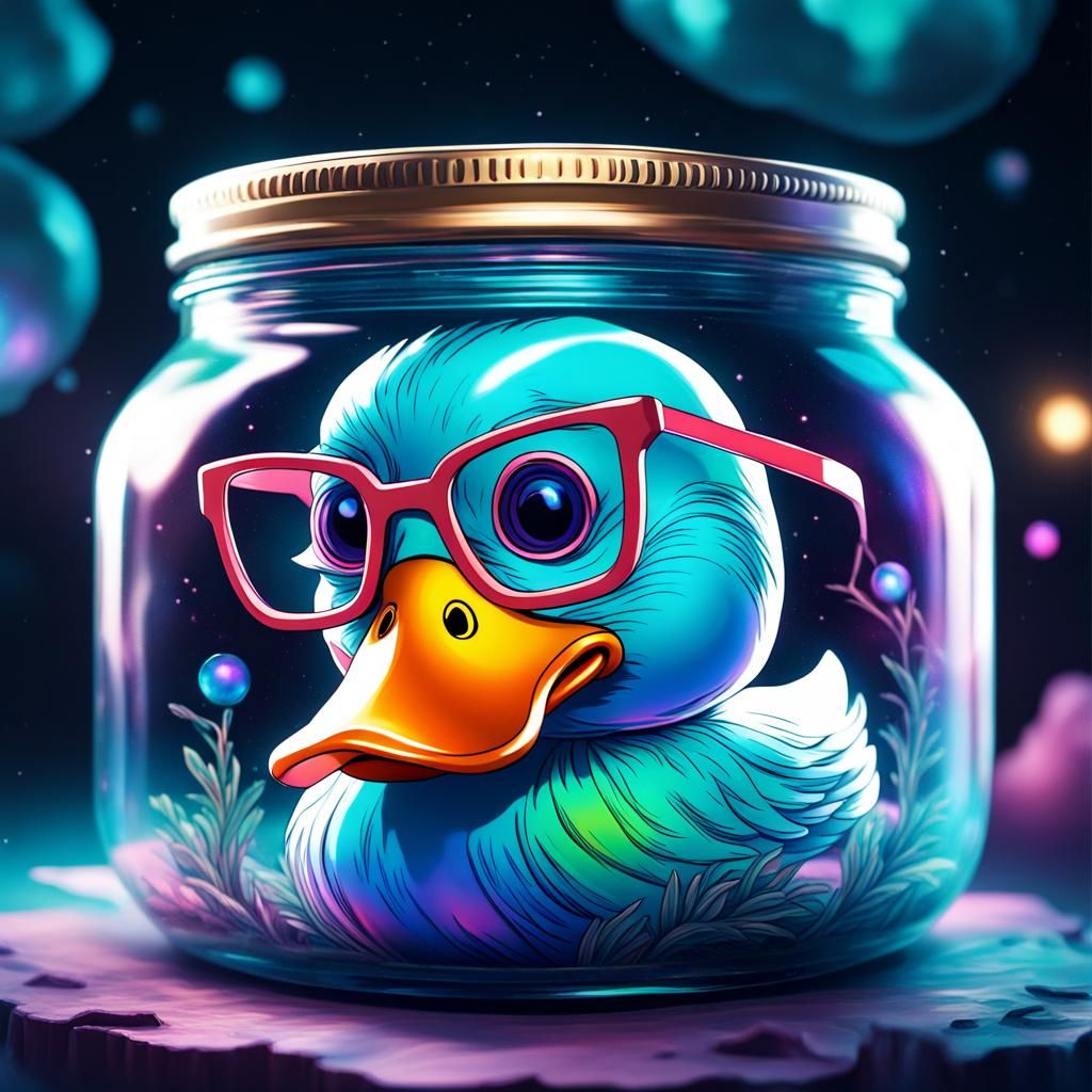 Jar with one duck ghost wearing a bowtie and glasses inside