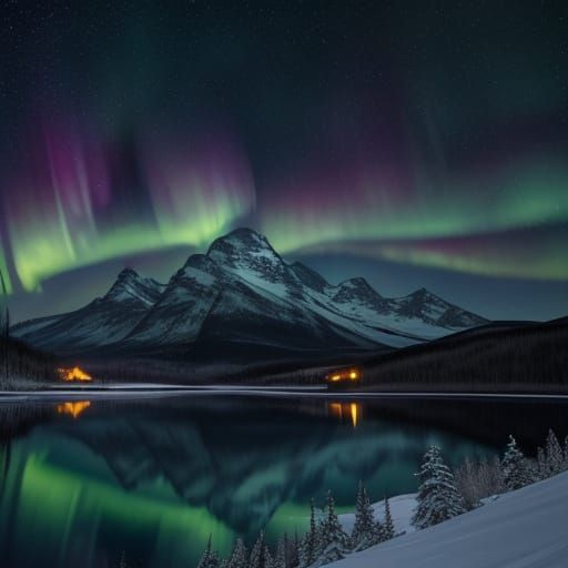 Majestic Aurora Borealis Over Snowy Mountains and Lake