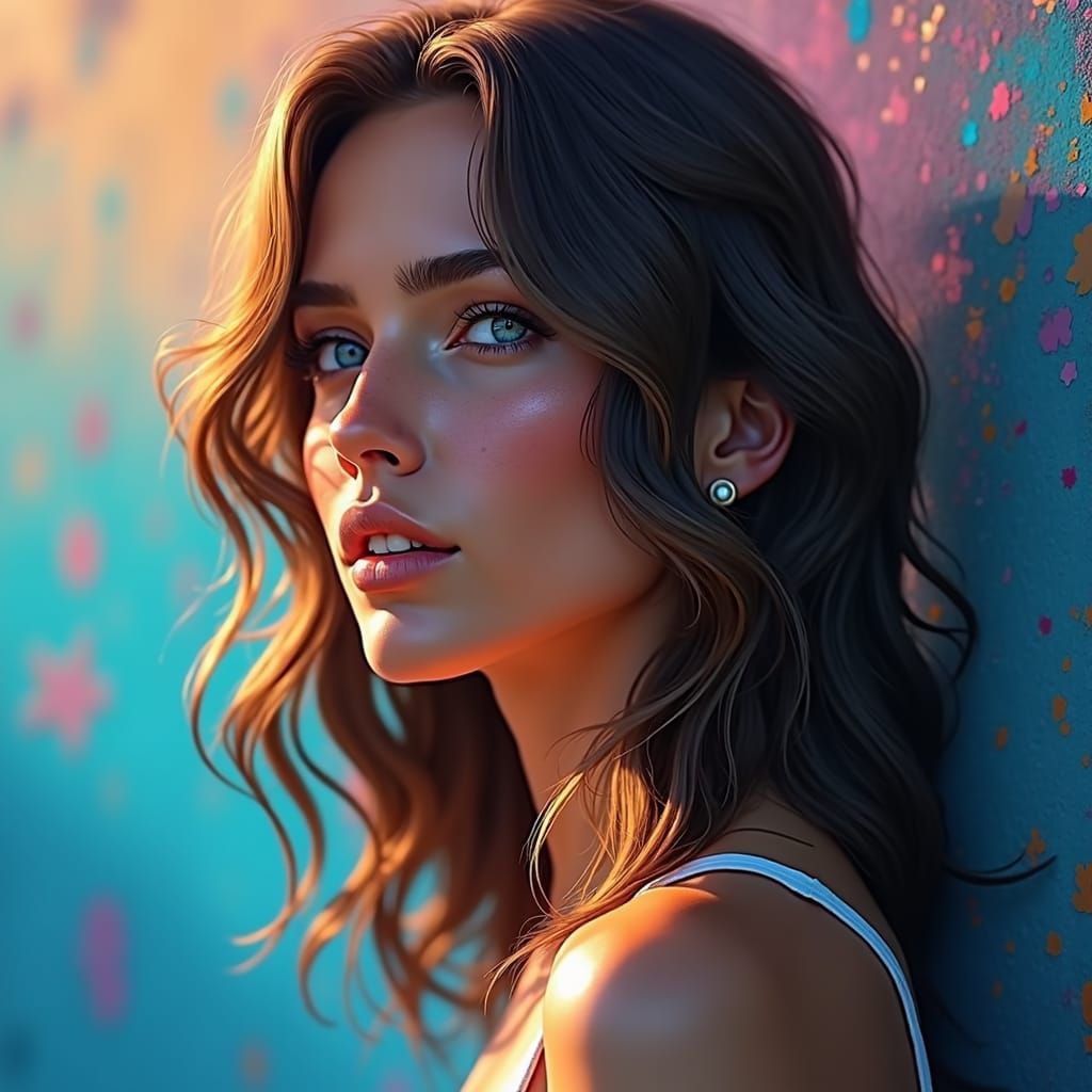Medium shot in profile of a deeply tanned woman with blue ey...
