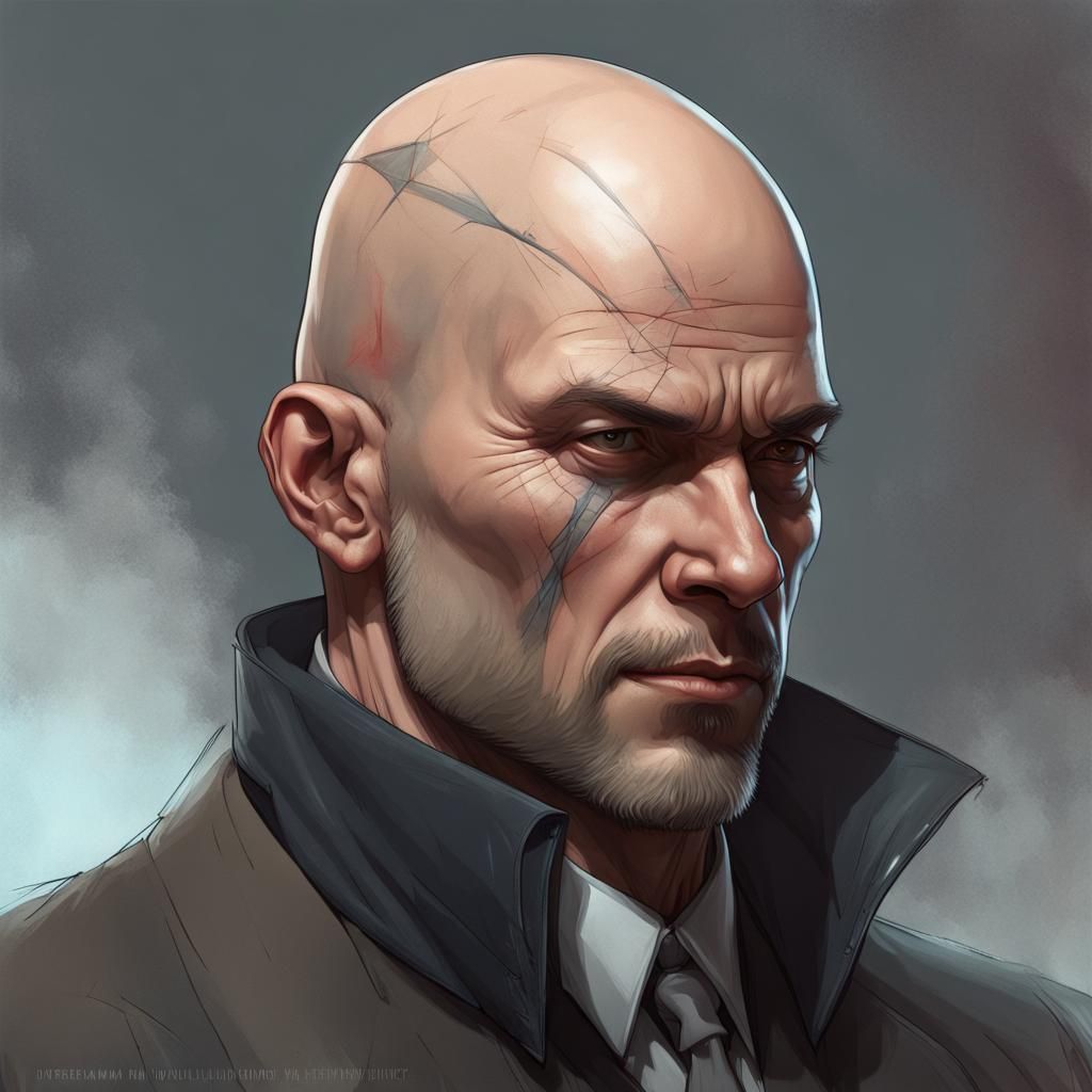 tall, bald and somber man, with scars. Manipulative and char...
