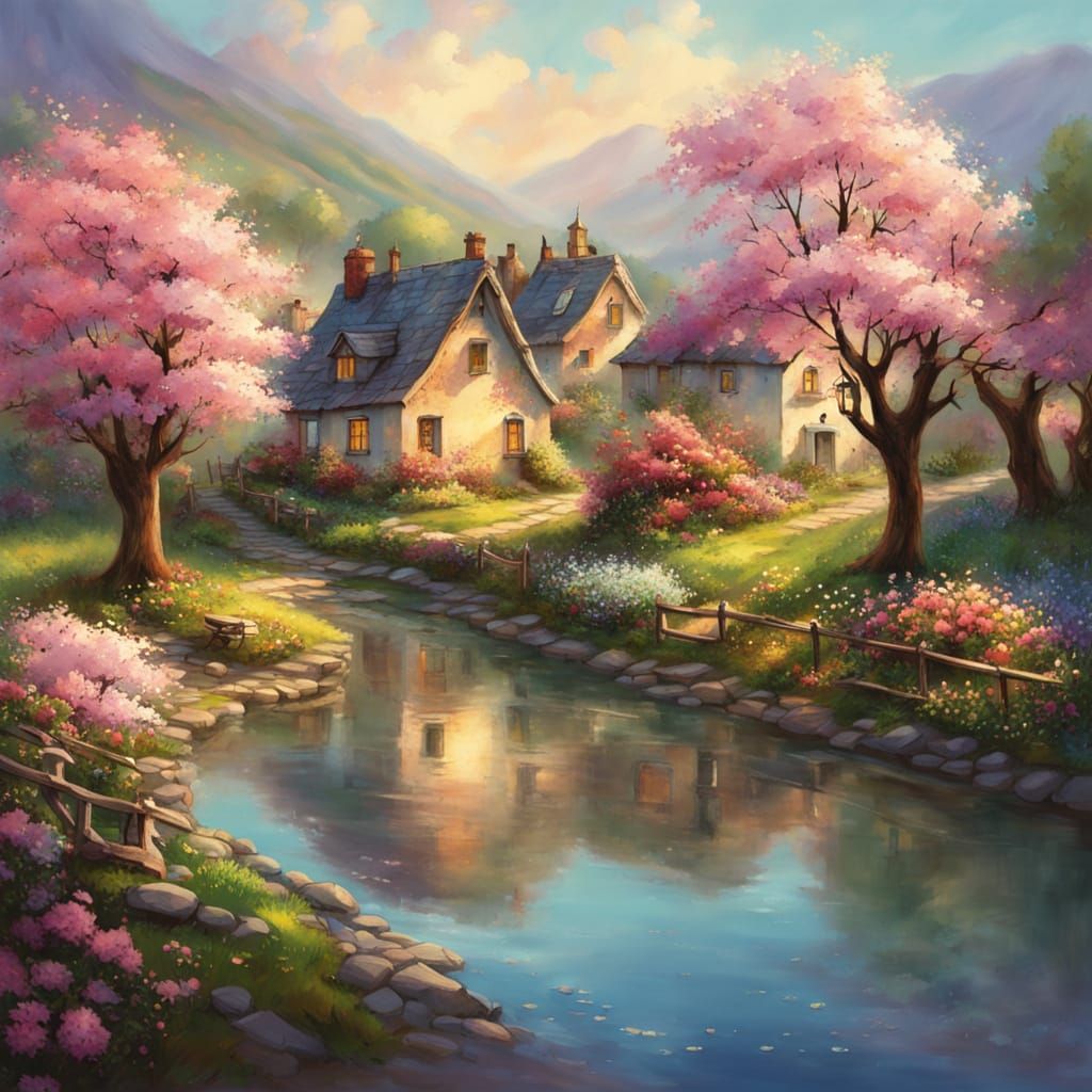 Un village paisible de printemps avec des jardins, des oiseaux qui chantent et des fleurs fraîches. Hyperrealistic, ...  by @Dom