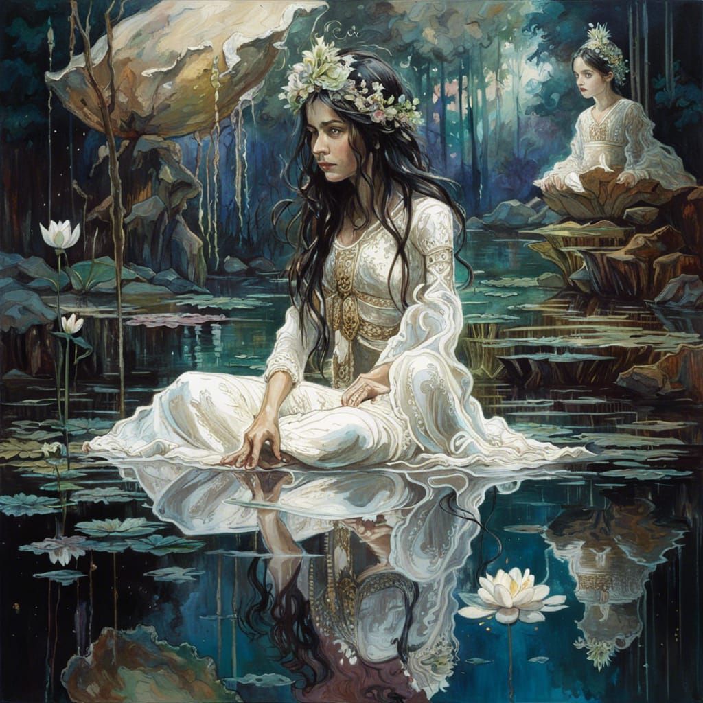 Ornate Goddess Reflecting in Lotus Pond