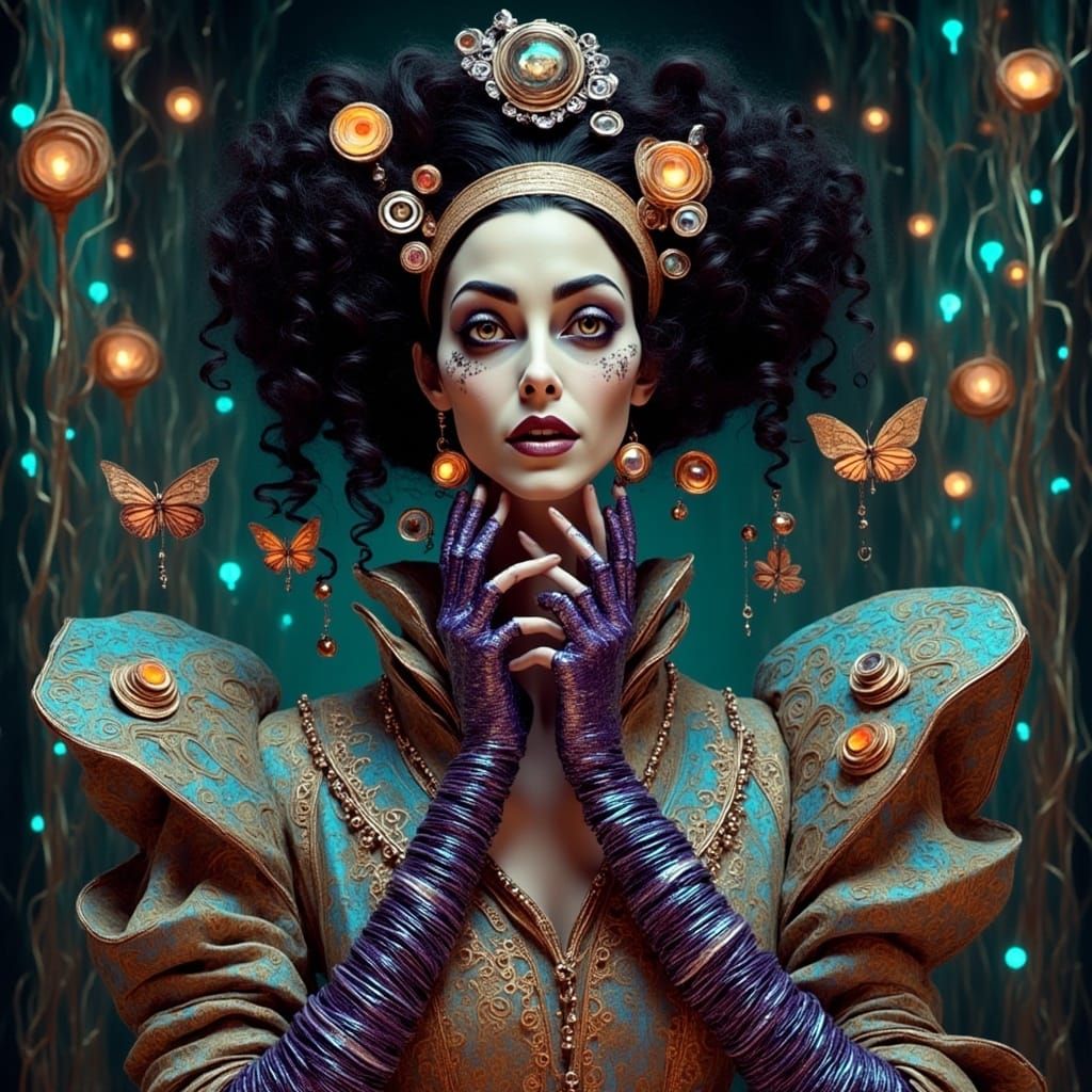  <lora:SybilThorn-6:1.0> portrait of a beautiful woman wearing intricately detailed colorful clothing and futuristic jewelry.