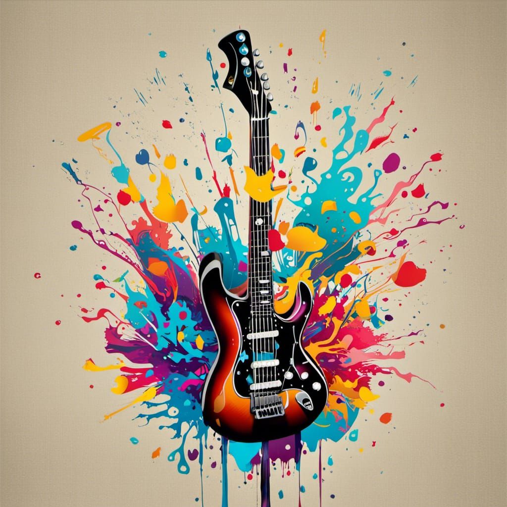 music notes floating in the air around a guitar, with the no...