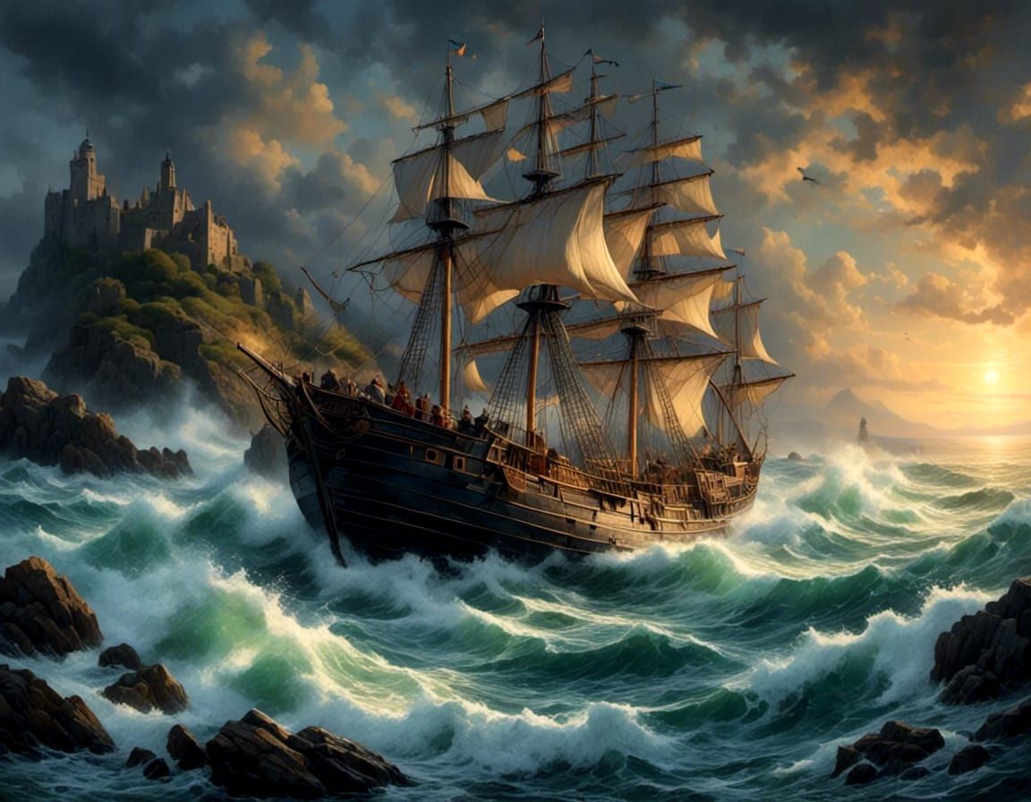  A lighthouse, standing on a small rocky island. Huge waves crashing against the rocks.