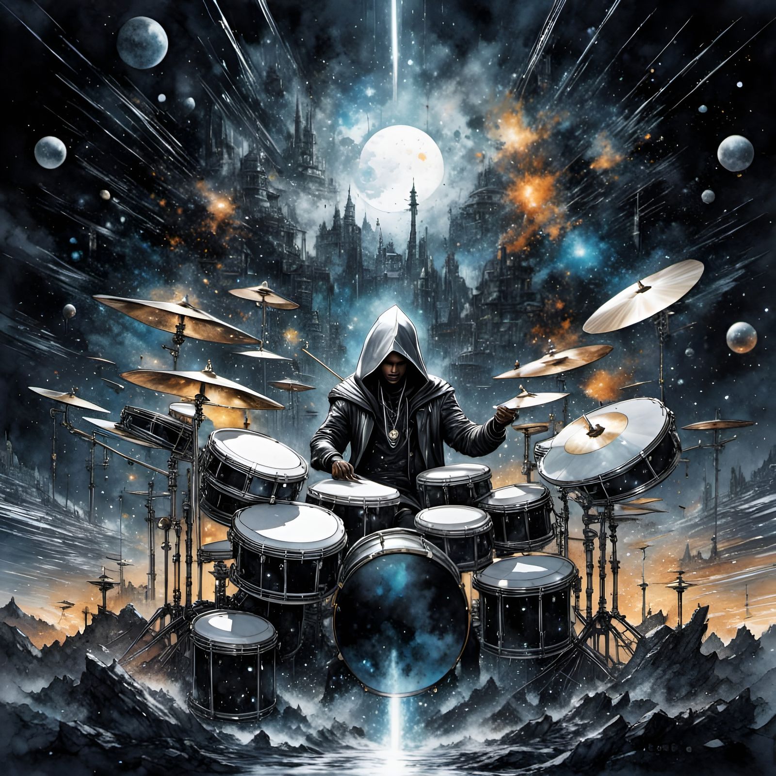 Magician Drummer in Galactic Starry Night