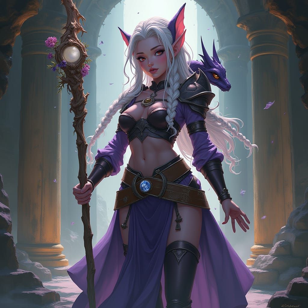 A elegant magical elf with silver hair aglow with glowing lights and mist and a meticulously crafted braideds clad with flowers, clad in tig...