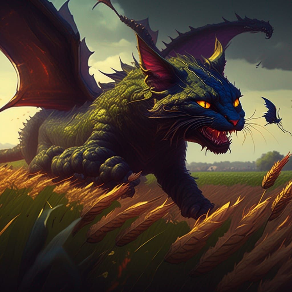 Cat working the fields while a dragon flies by on the backgr...