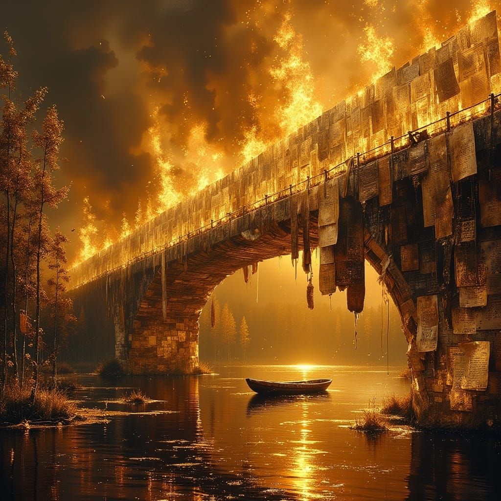 A bridge made of old letters and photographs set ablaze, collapsing into a river of ink <lora:Exquisite ...  by @Darking Duck