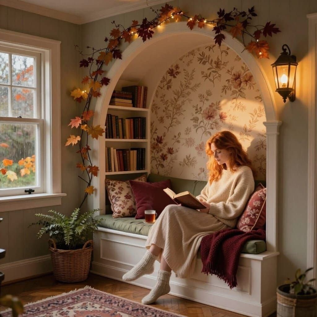Pinterest aesthetic interior photography of a cozy romantic cottagecore reading alcove in autumn.

A ...  by @Miss Dragons
