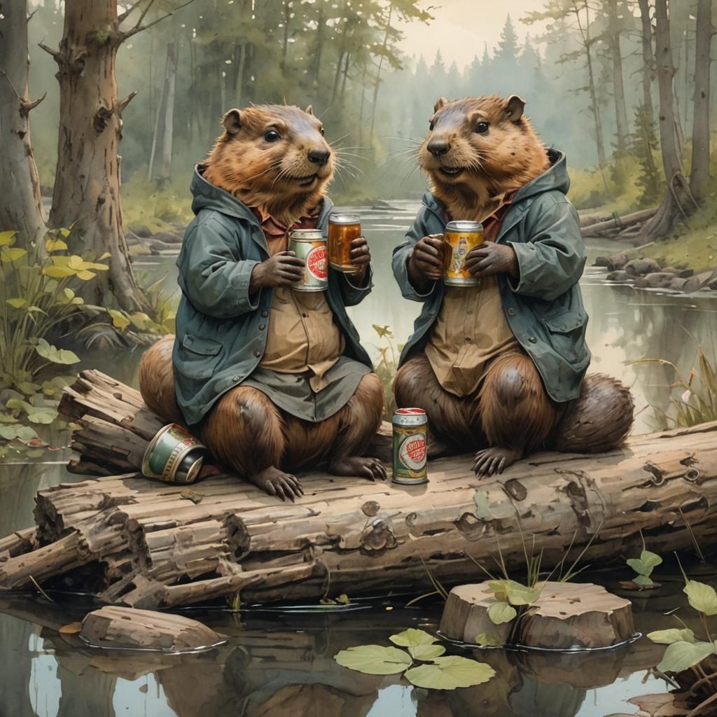 An duo of anthropomorphized beavers are sitting on a log dam...
