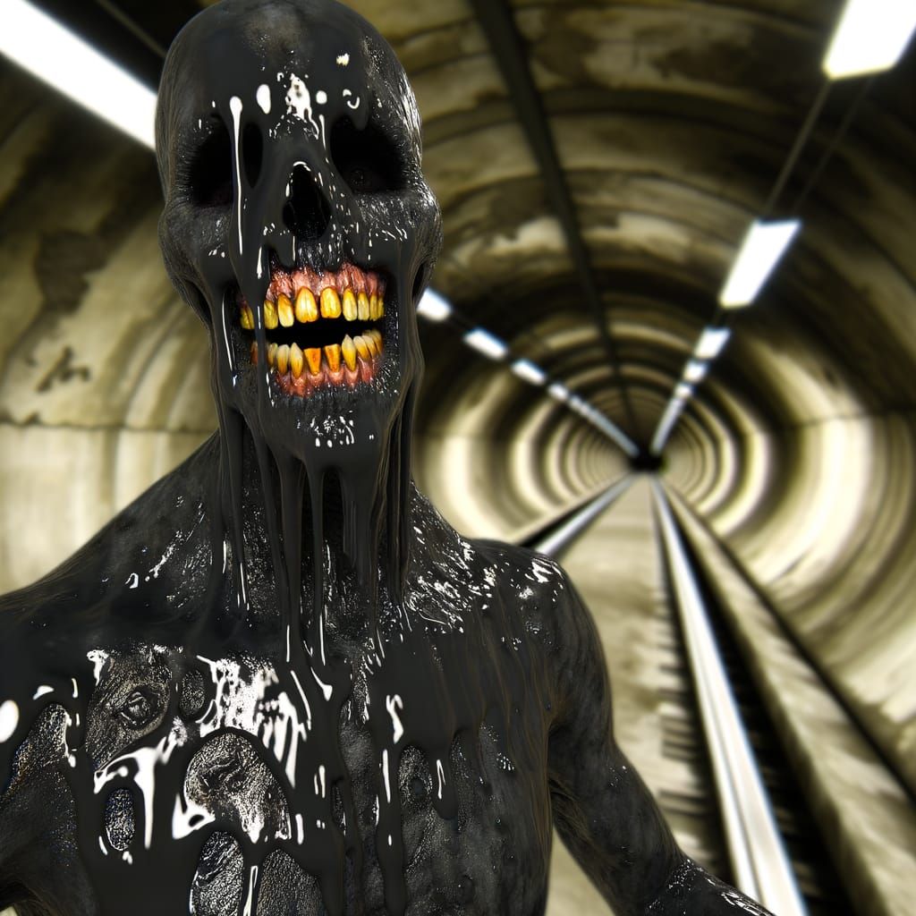 Extremely Terrifying real world setting style award winning photography Horror movie film creepy Smiley tall very menacing ink tentacled hai...