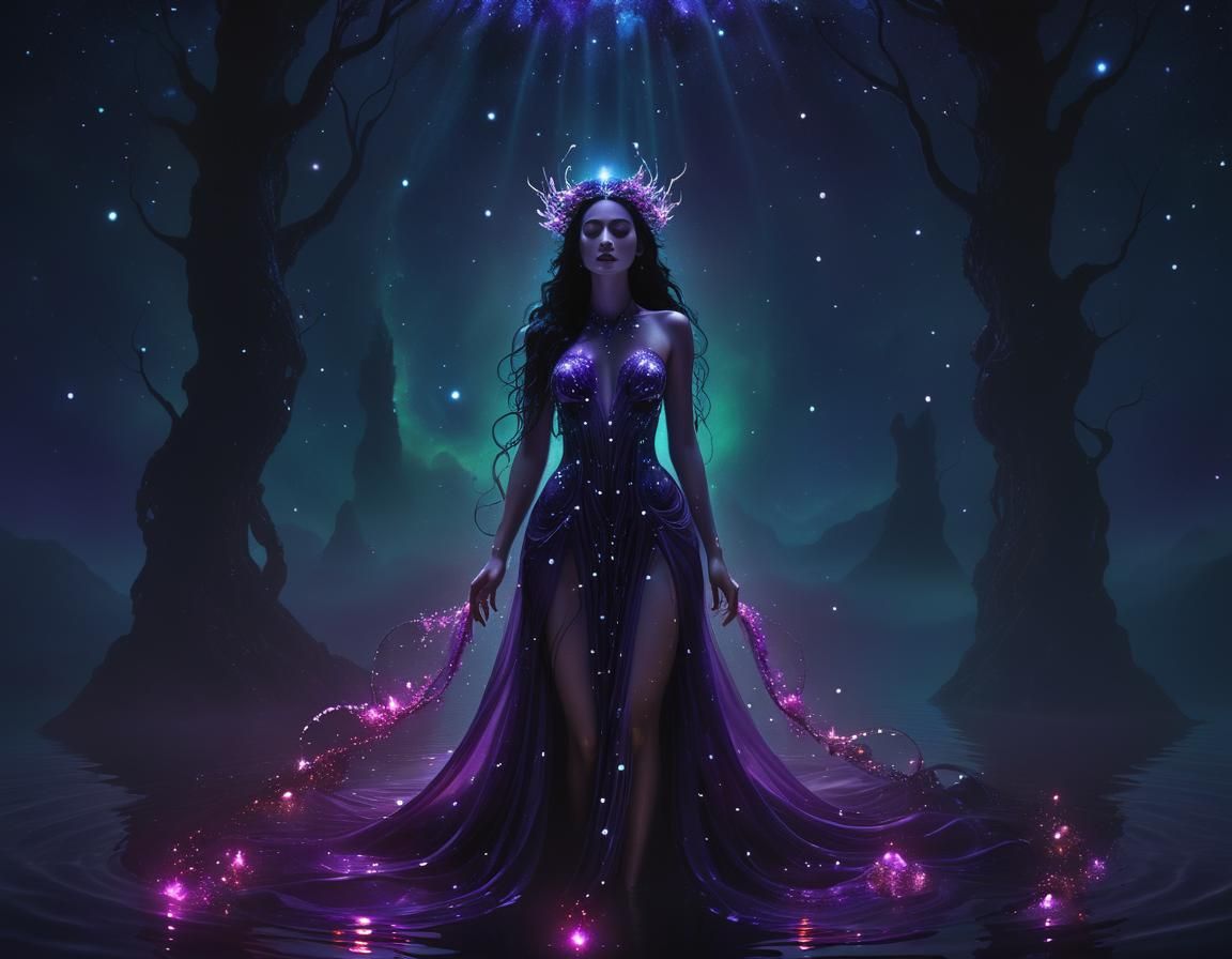 Macabre Goddess in Starry Abyss: Surreal Digital Art