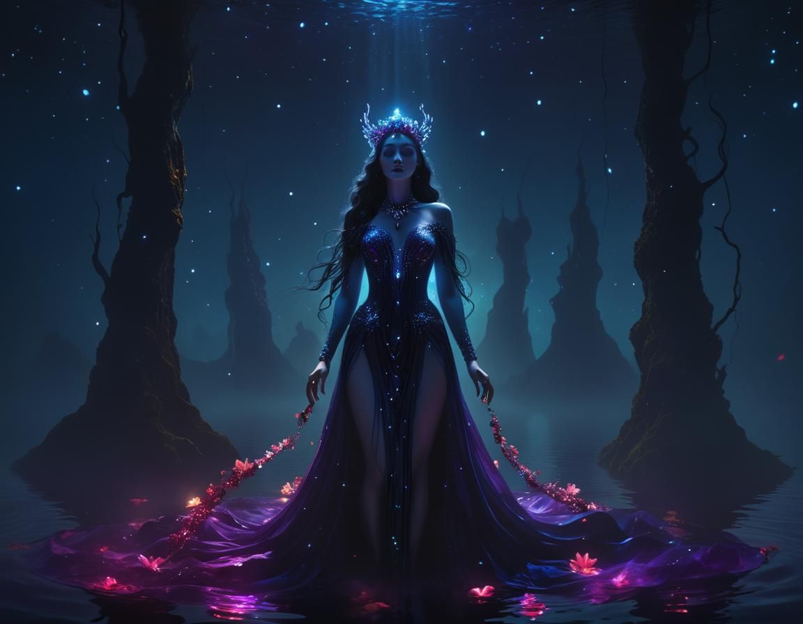 Macabre Goddess in Starry Abyss, Surreal Digital Art
