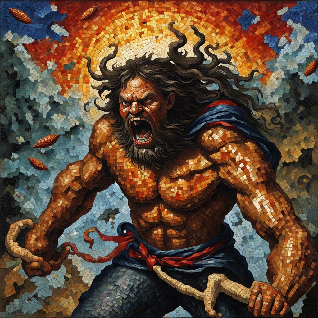 Mosaic art, angry, evil, scary, frightening human immunodefi...