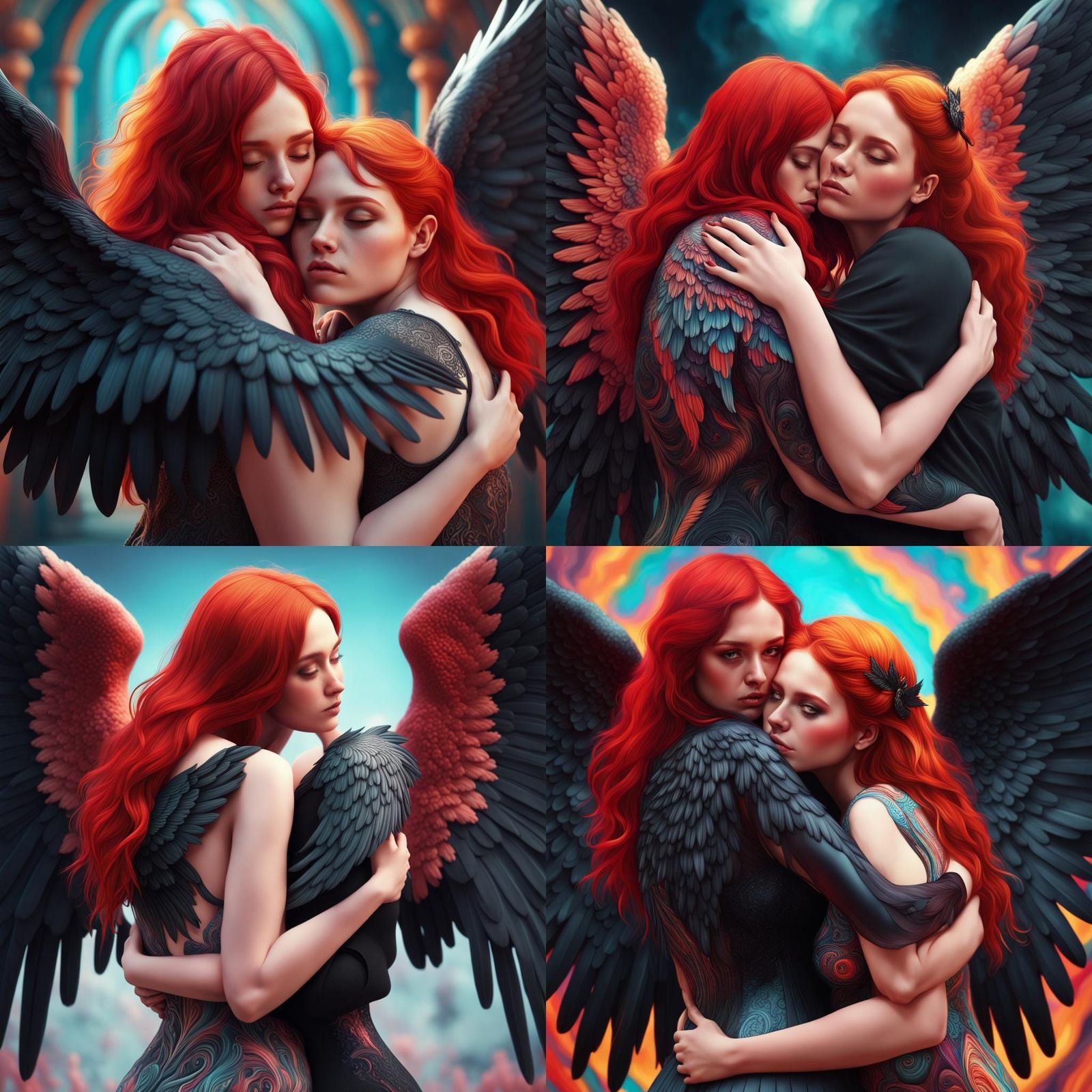 An angel with black wings hugs a beautiful plump girl with r...
