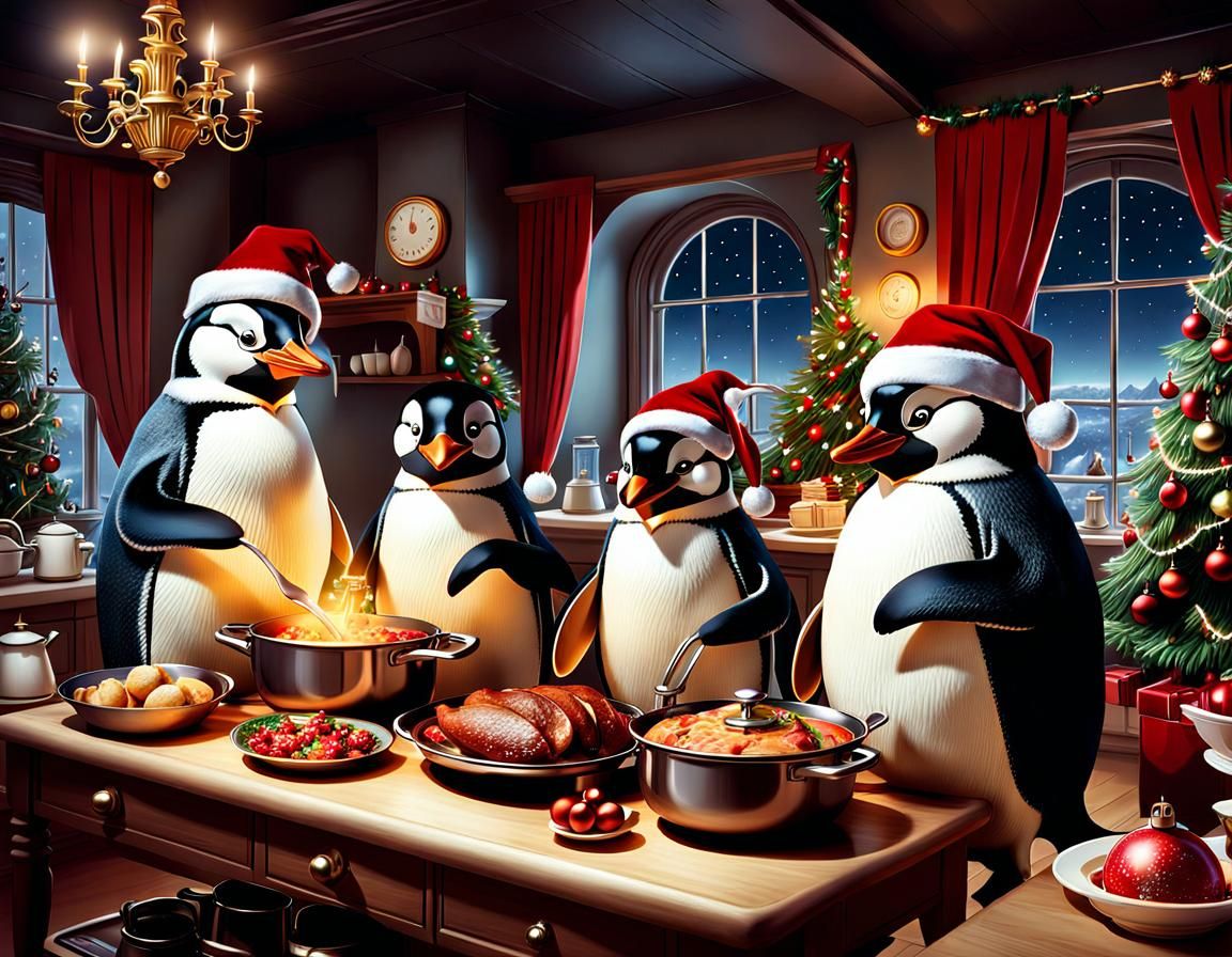 Penguins cooking a dishes for Christmas Dinner  by @Heralyn