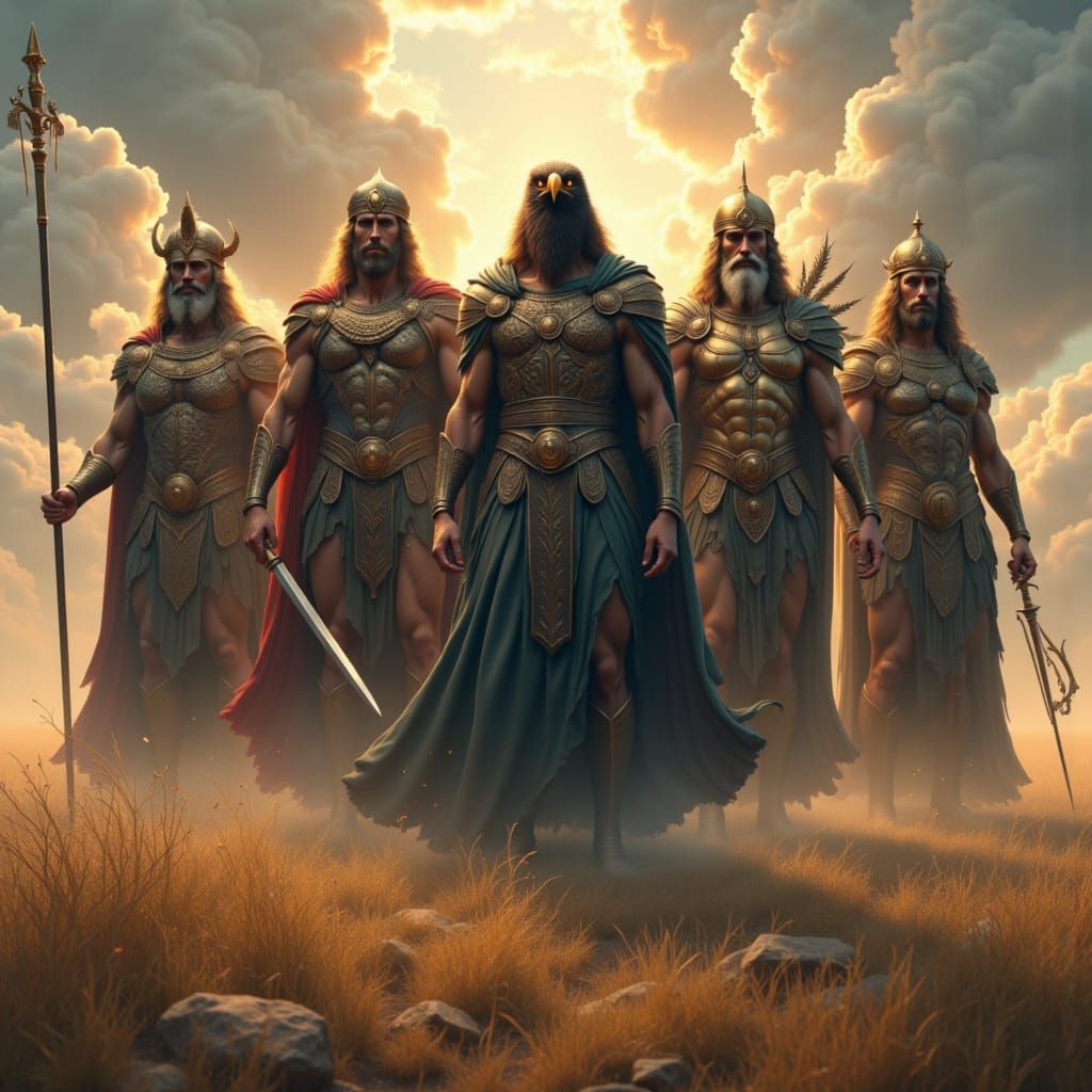 <lora:Dark Deities:1.0> Quadripartite Deity: Arnhǫfdi Teutates, Báleygr Erebus, Minerva Ultor, Hadúr-Ògún. Arnhǫfdi Teutates is the eagle he...