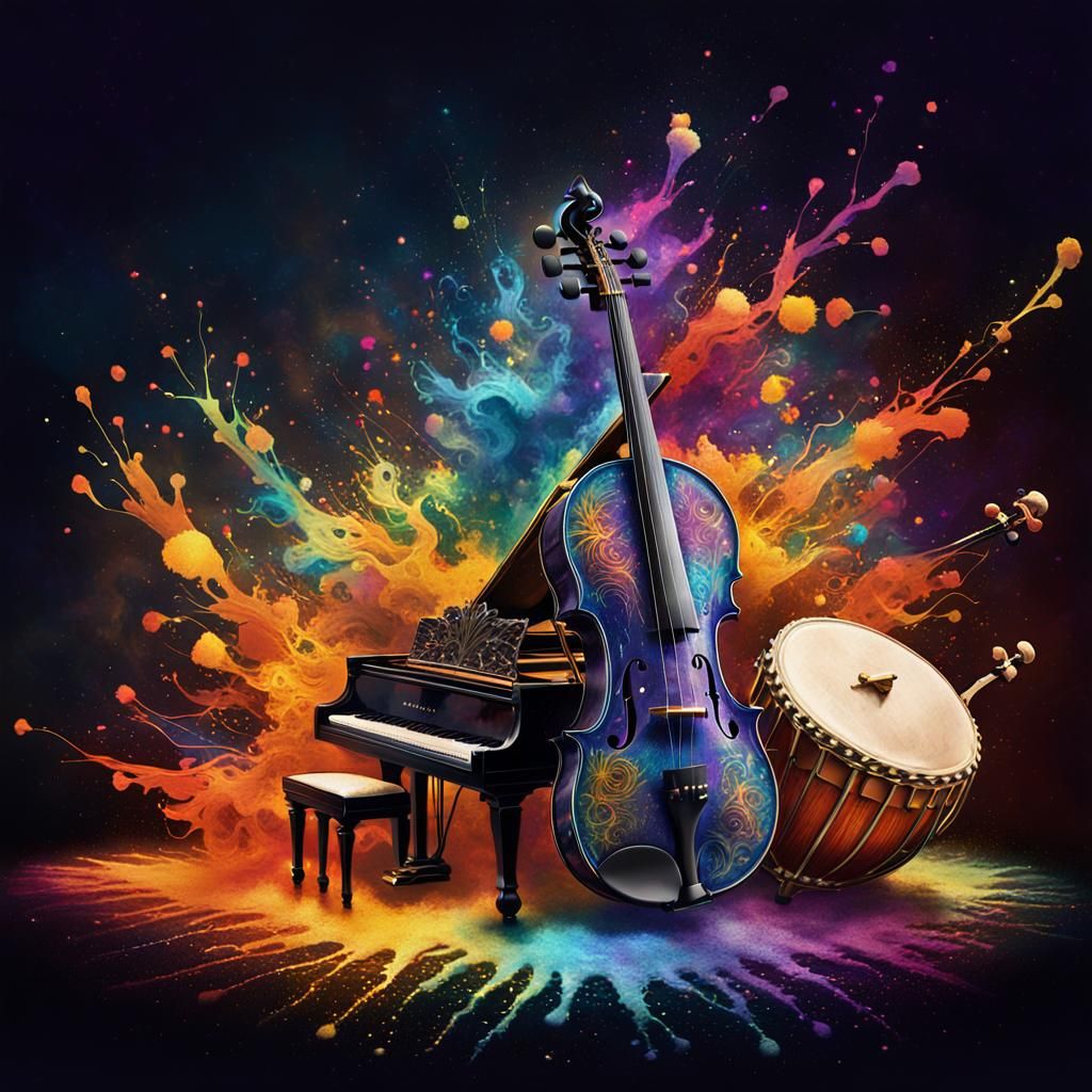 Egyptian Instruments in Vibrant Splash Art