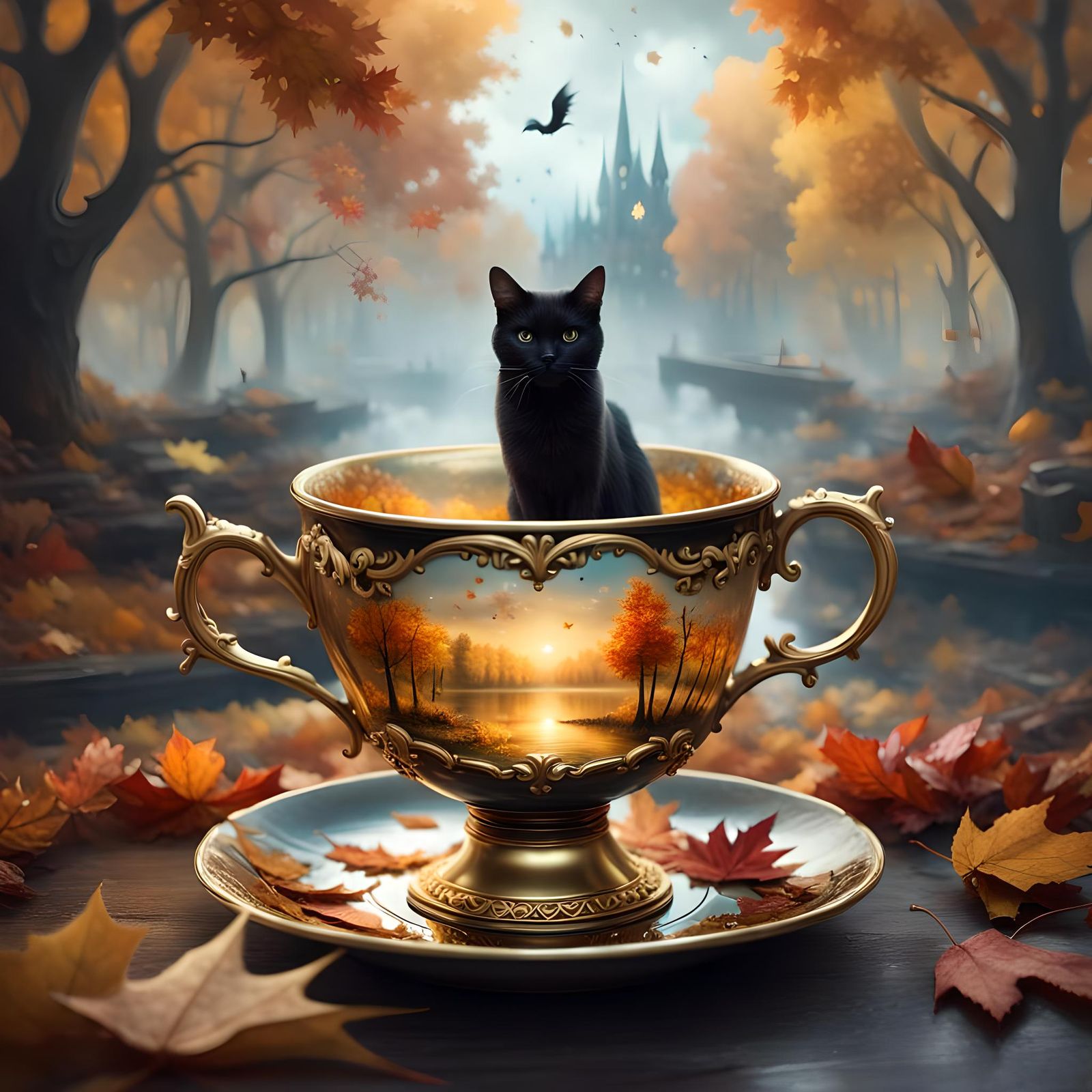 Black Cat in a Teacup, Autumn   by @Melanie Rhoades 