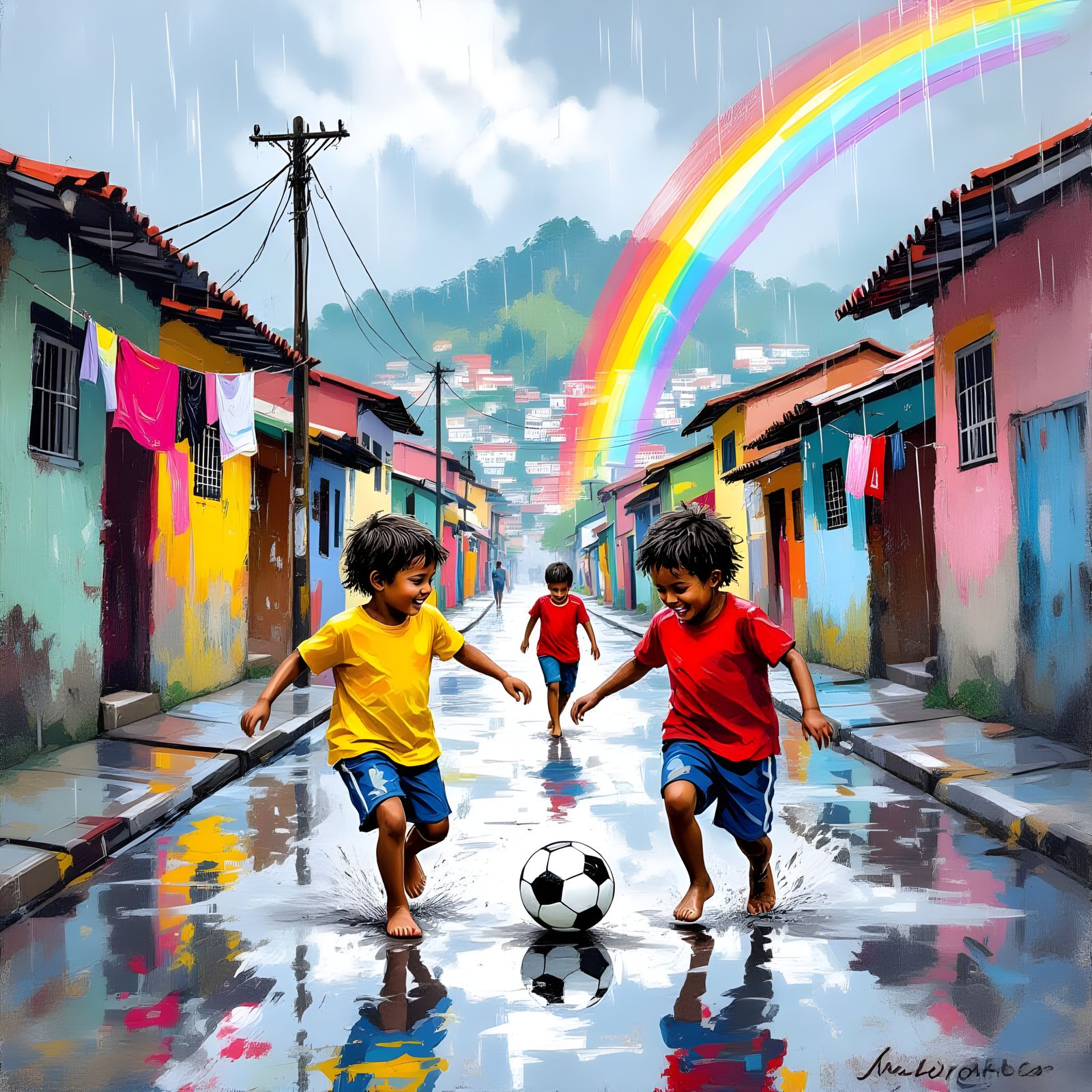 Joyful Kids Playing Soccer in Rainy Favela: Charcoal Sketch