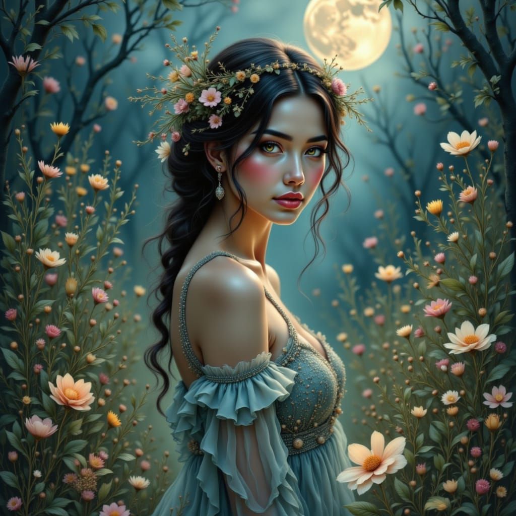 Woman in Moonlit Clearing with Wildflowers