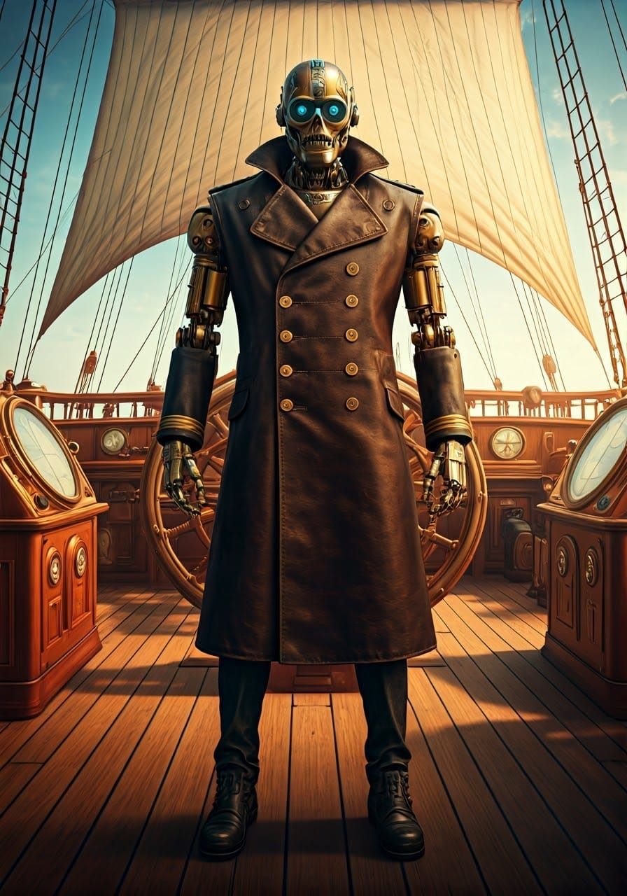 Robot captain on the bridge of a clipper ship, 4k