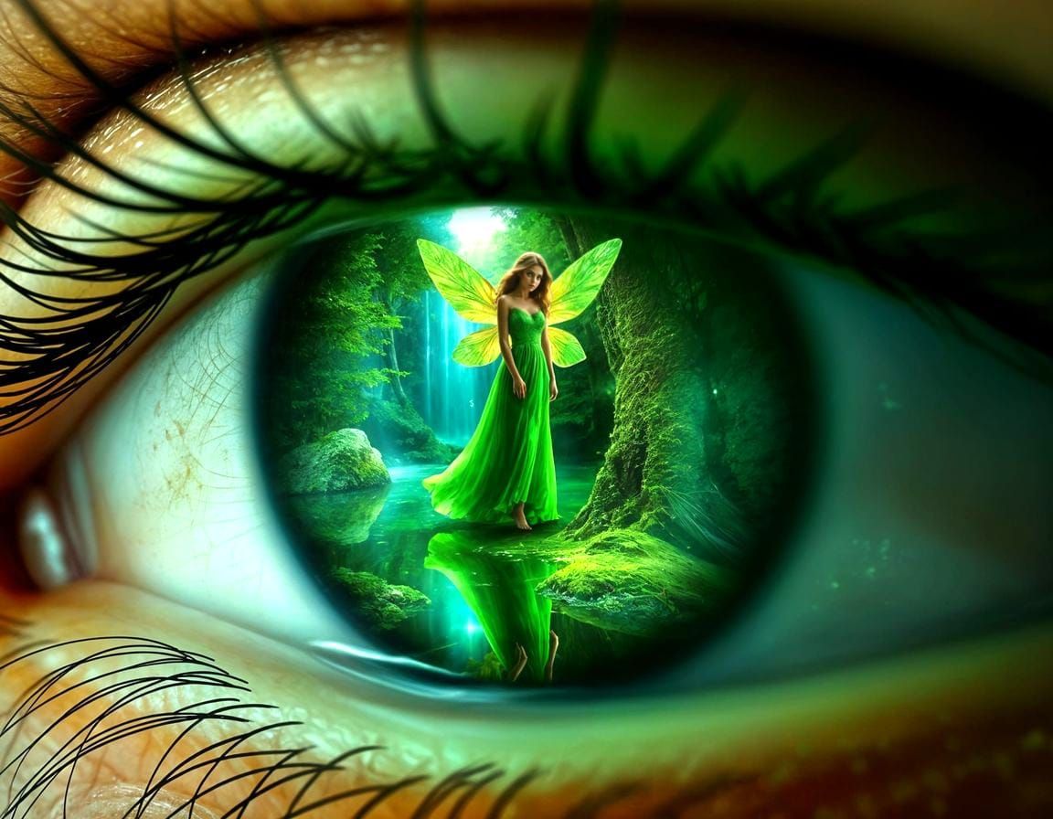 geen eye with reflection of a fairy and a green forest.  by @Ylona