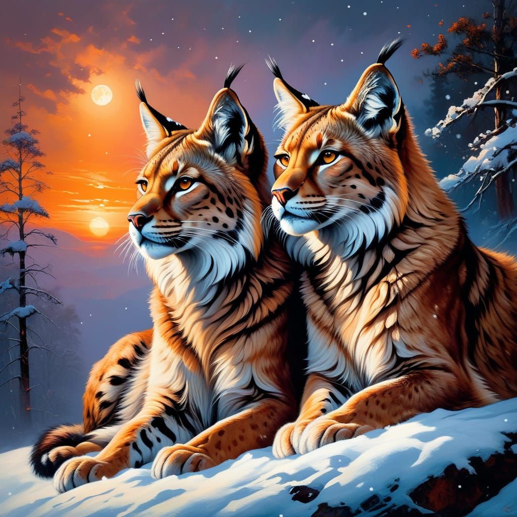 Two Lynx's sitting in a blizzard