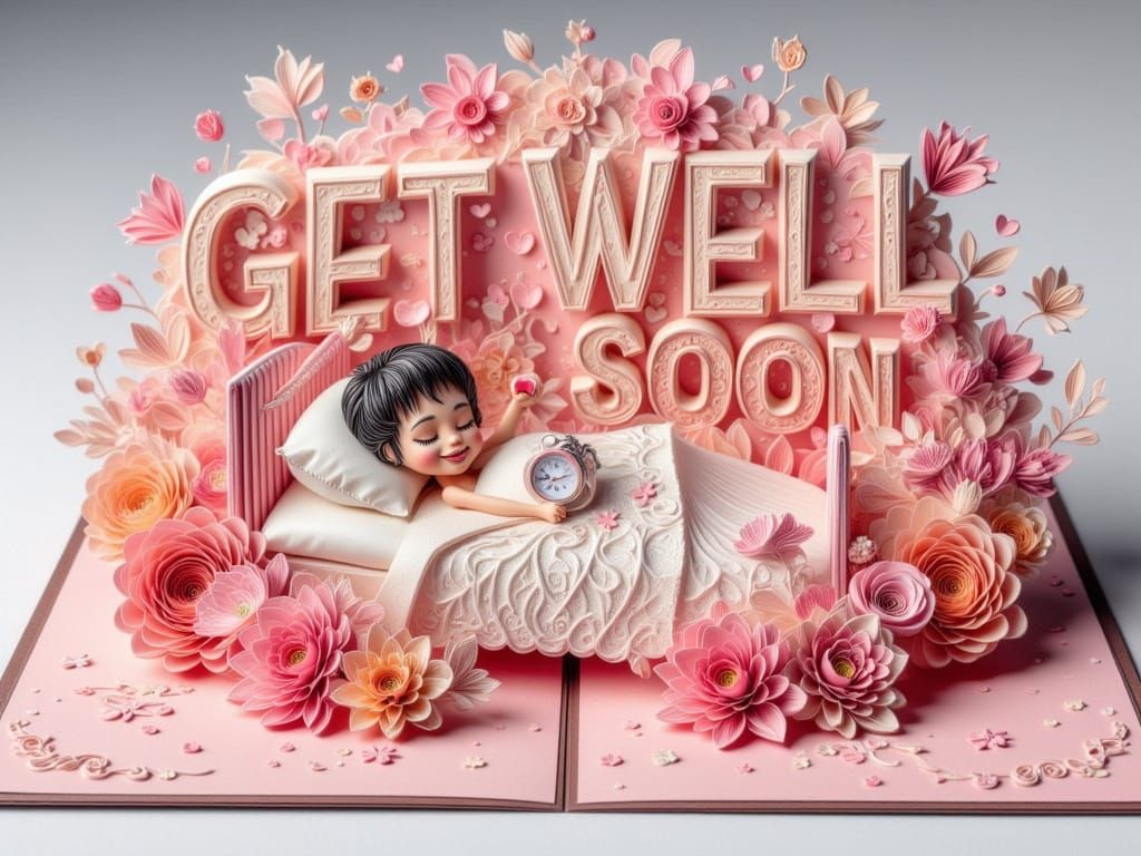 and elegant, bold text "GET WELL SOON" on a pop-up postcard A 3D quilted origami paper art in Valentine's style, decorated with flowers a si...