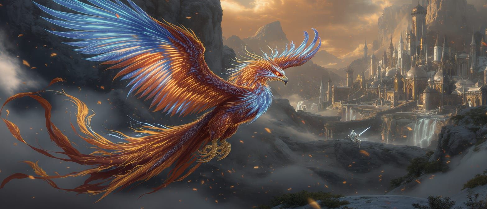 an interesting, beautiful phoenix with a long flame fire blue and orange tail and long gold and silver scaled wings flying beside a knight i...