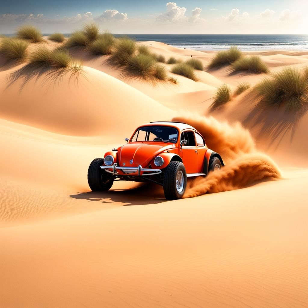a Baja Bug jumping sand dunes on the beach. Th e paint should be international orange.  hyperdetailed photorealistic 3ds Max 