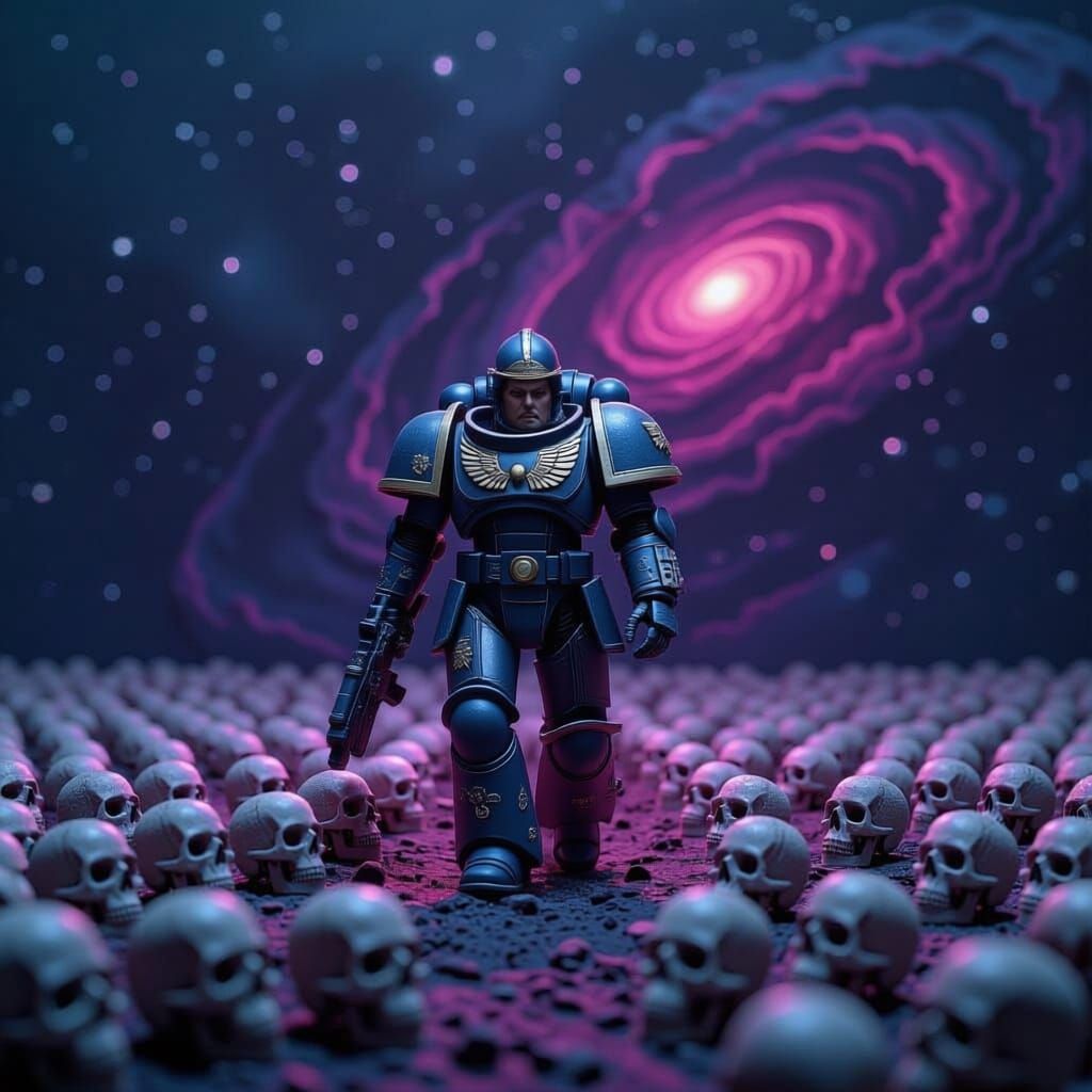 A lone space marine walking in a campo of skulls, their suit meticulously crafted from folded and layered metal. Nebulae swirl in vibrant hu...
