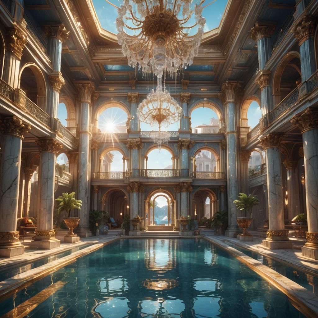 Fantastical Palace Pool in Ornate Digital Art Style