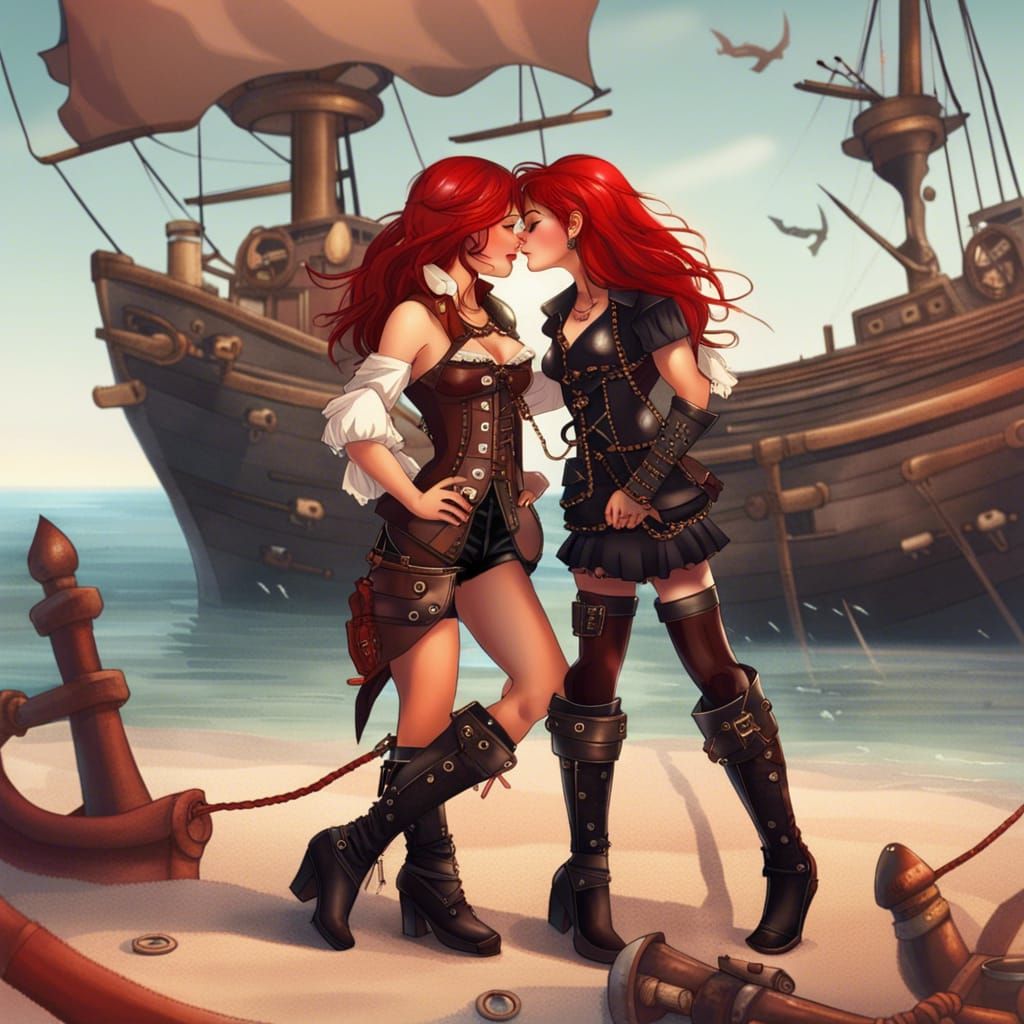 Two cute pirate captain women, one with red hair, small leat...