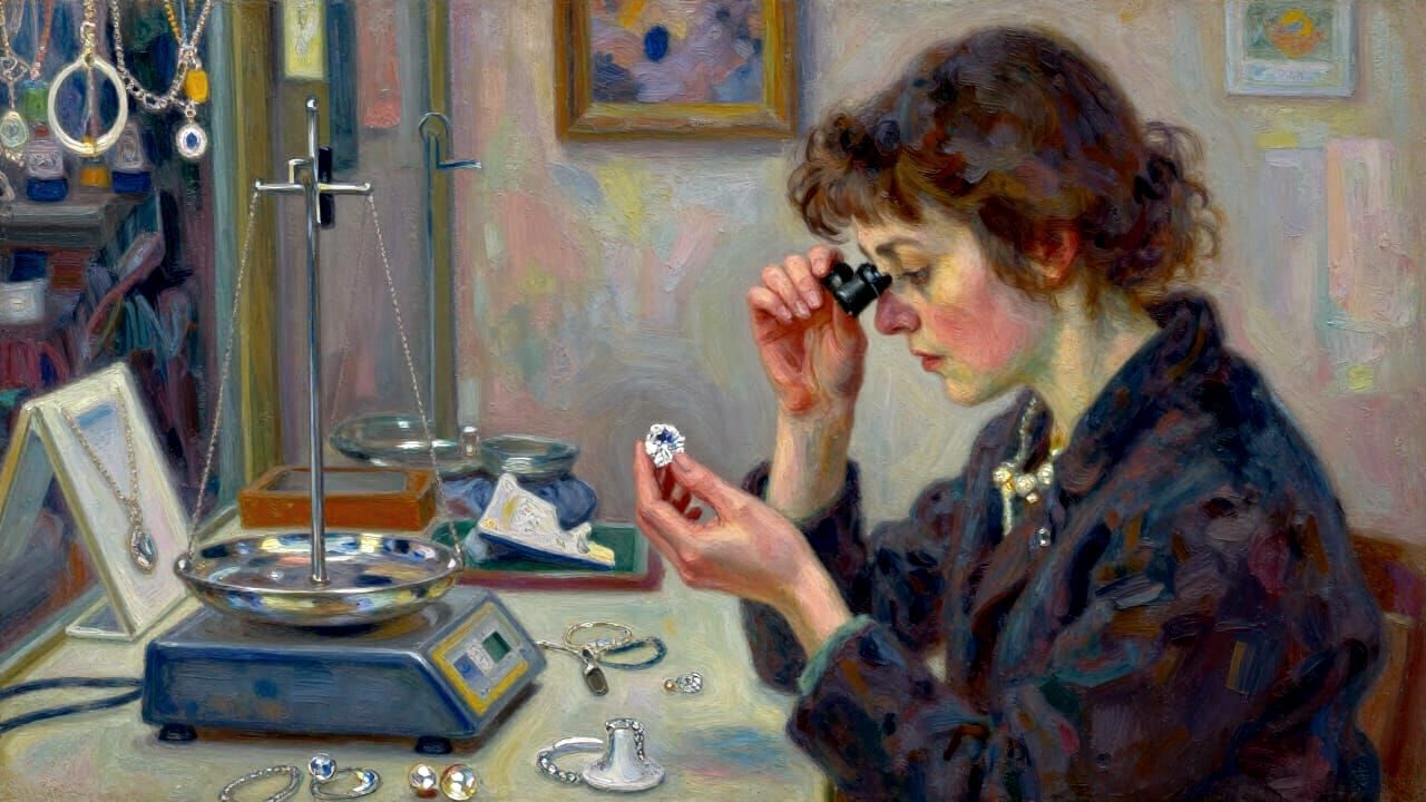 Woman Examines Diamond in Detailed Jewelry Store Scene