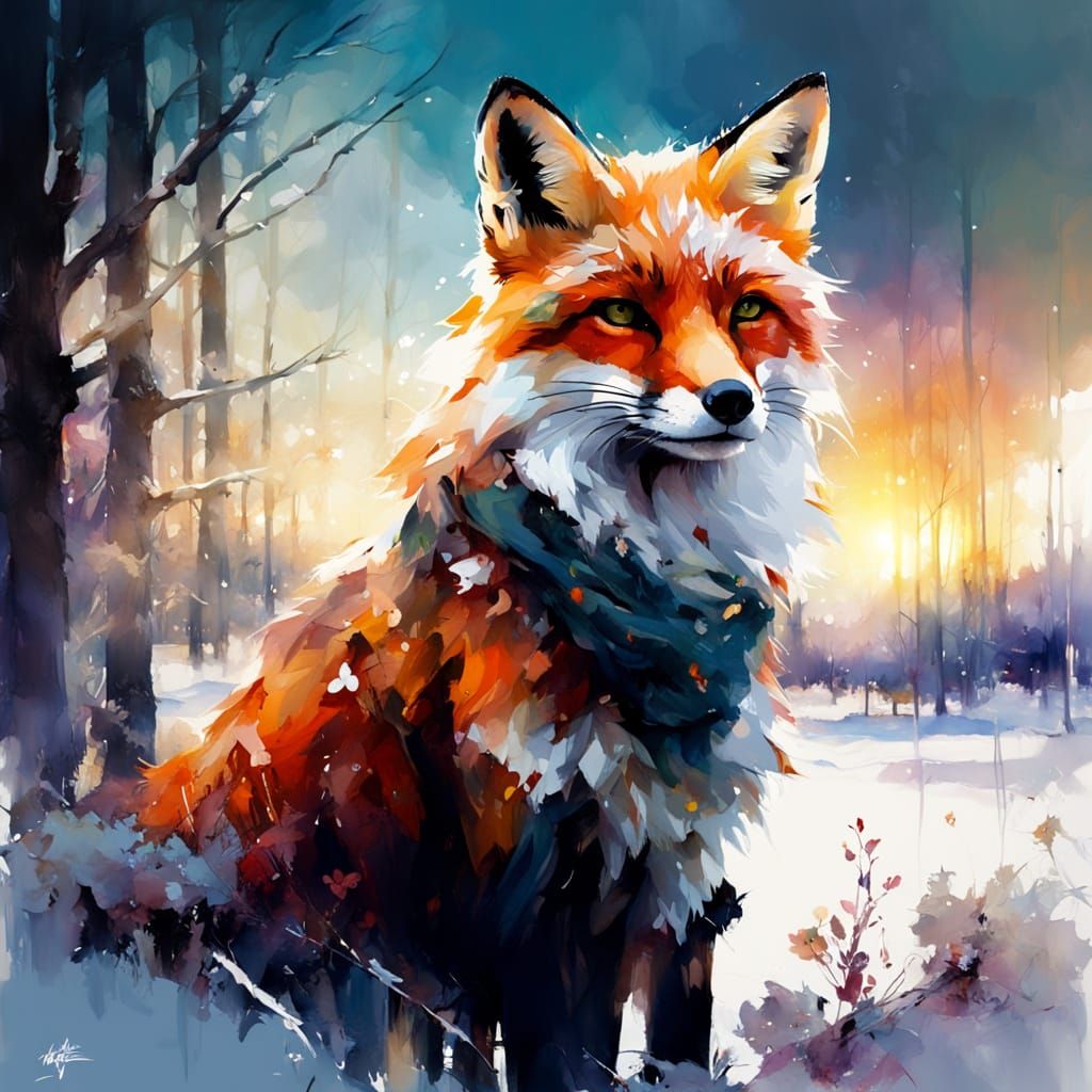 Winter fox. By Michael Garmash, Pino Daeni Spiriling Double exposure Digital watercolor Illustration ...  by @MrKitWalker