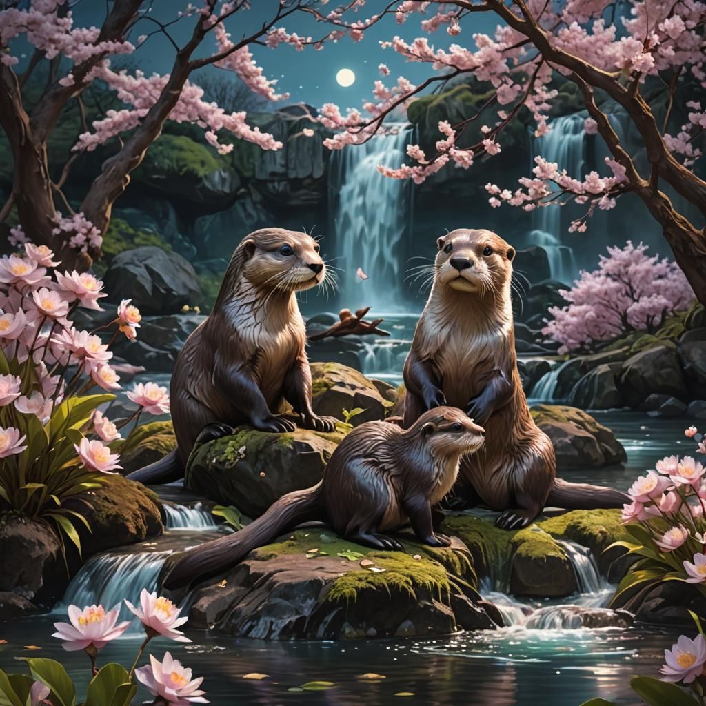 Otters near a waterfall. - AI Generated Artwork - NightCafe Creator