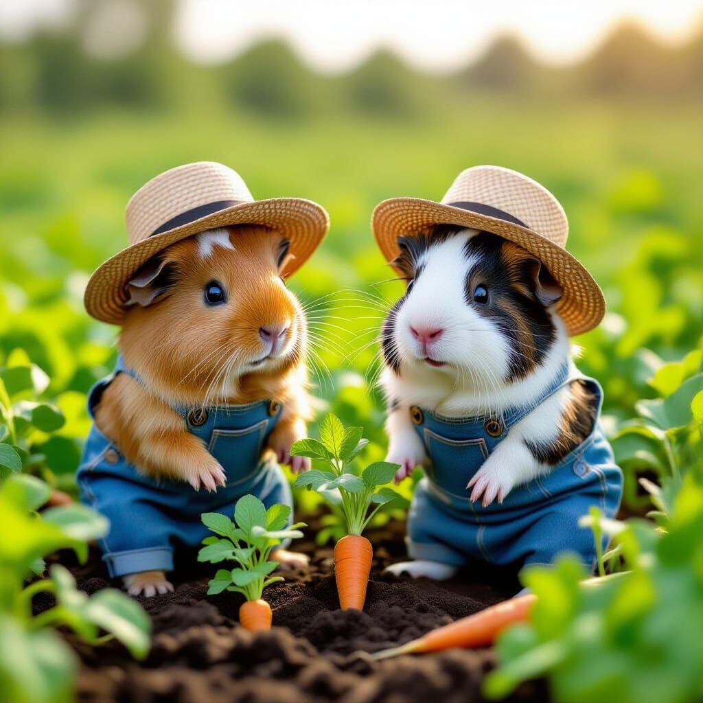 Guinea Pigs Gardening in Overalls and Hats