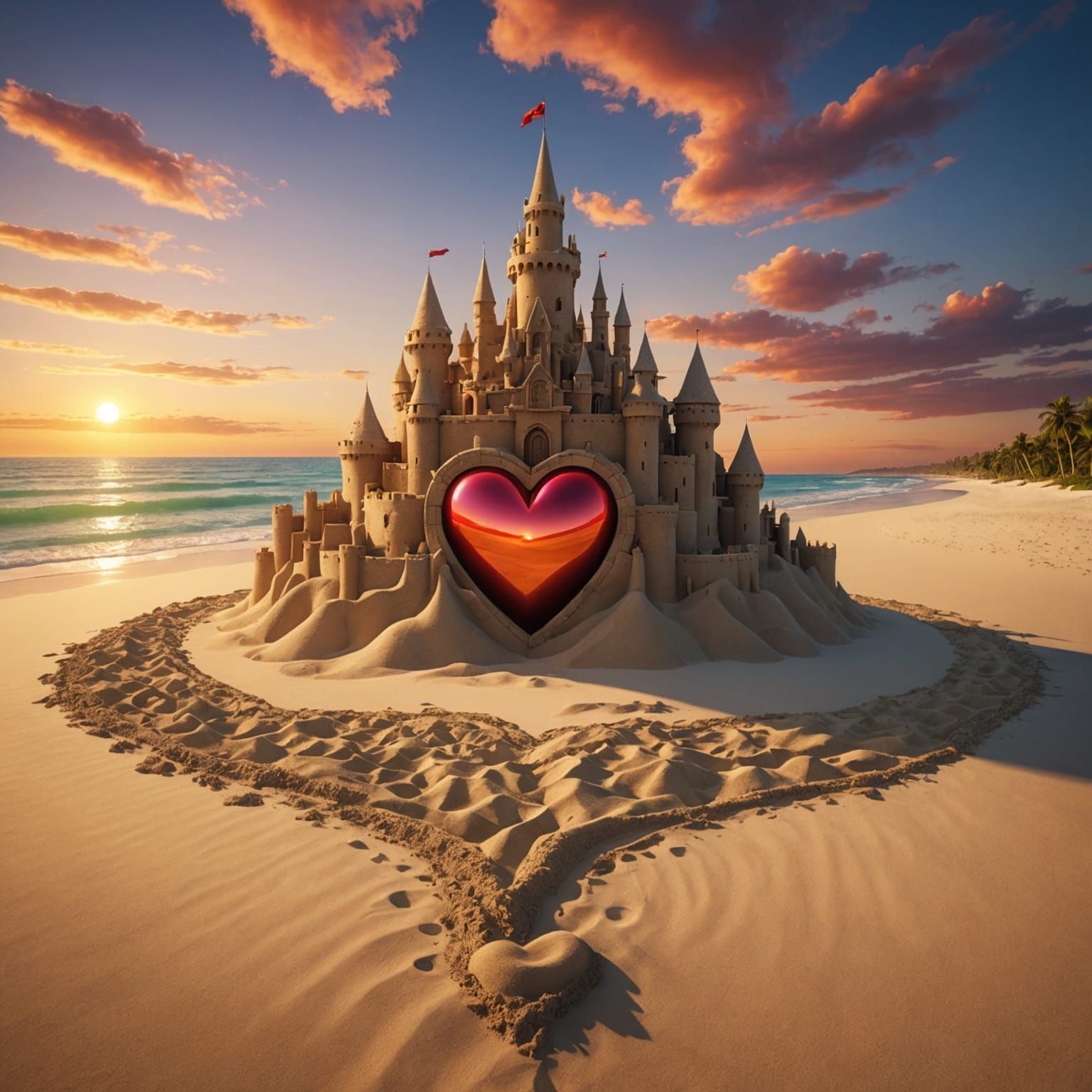 A giant sand castle in the shape of a heart on a pristine beach with a gorgeous sunset in the background. Vivid colors. 