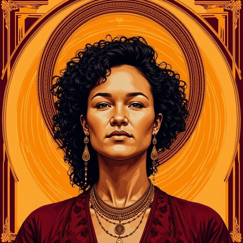 <lora:Native Woman:1.0> Portrait of a woman in burgundy, tangerine and tan with gold filigree Halo