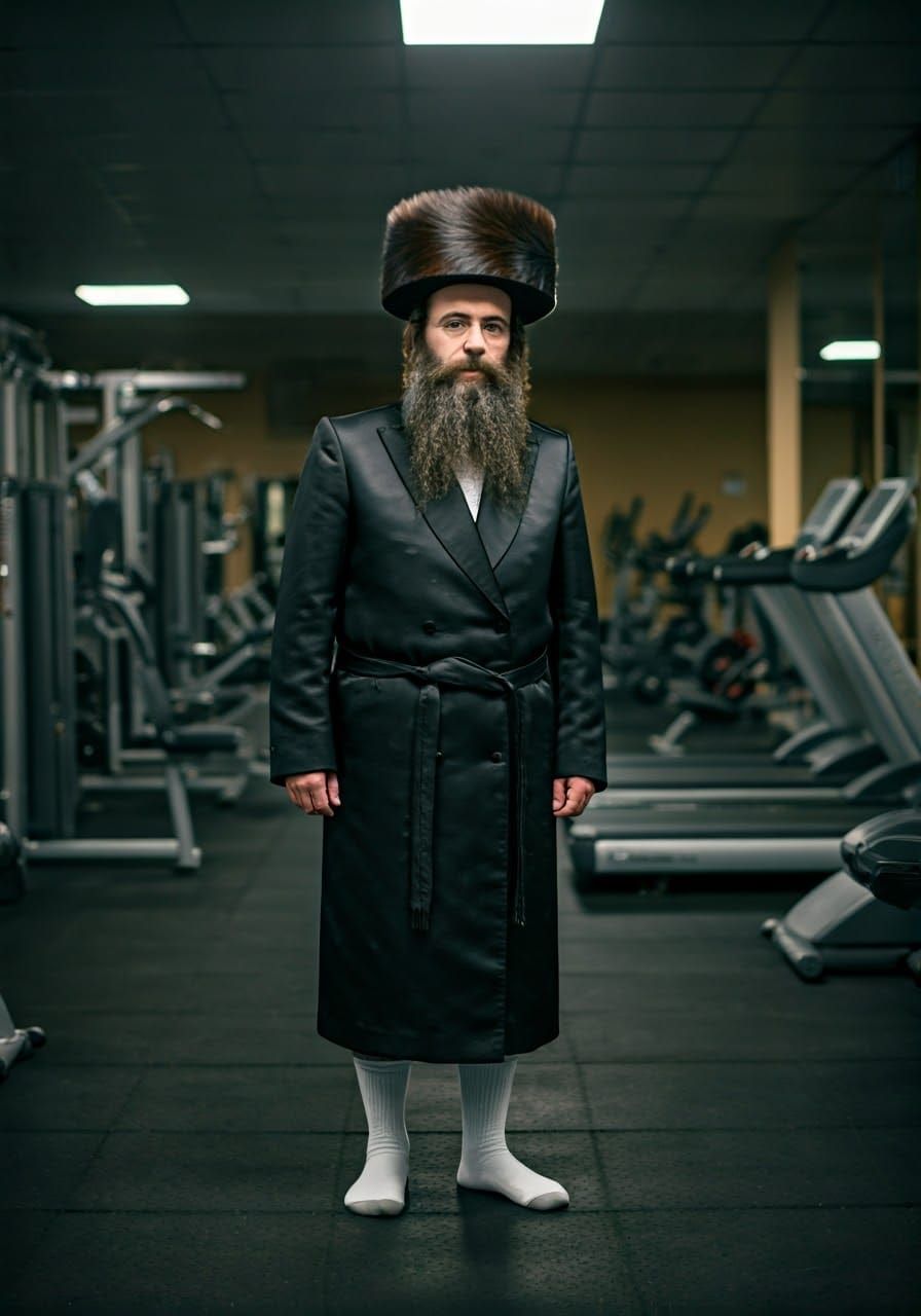 Traditional Hasidic Jew in Modern Gym Setting