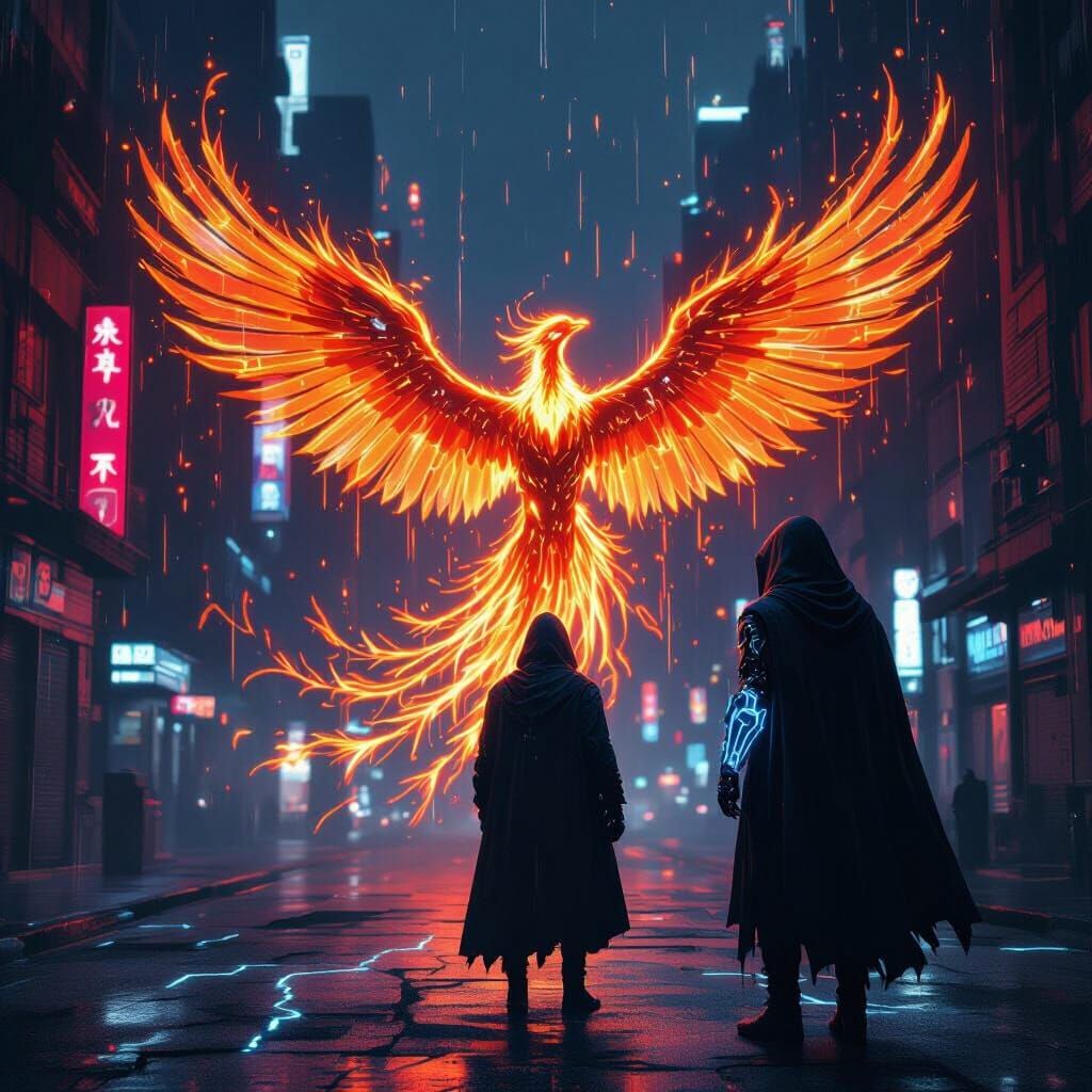 Cybernetic Phoenix Rises in Neon City
